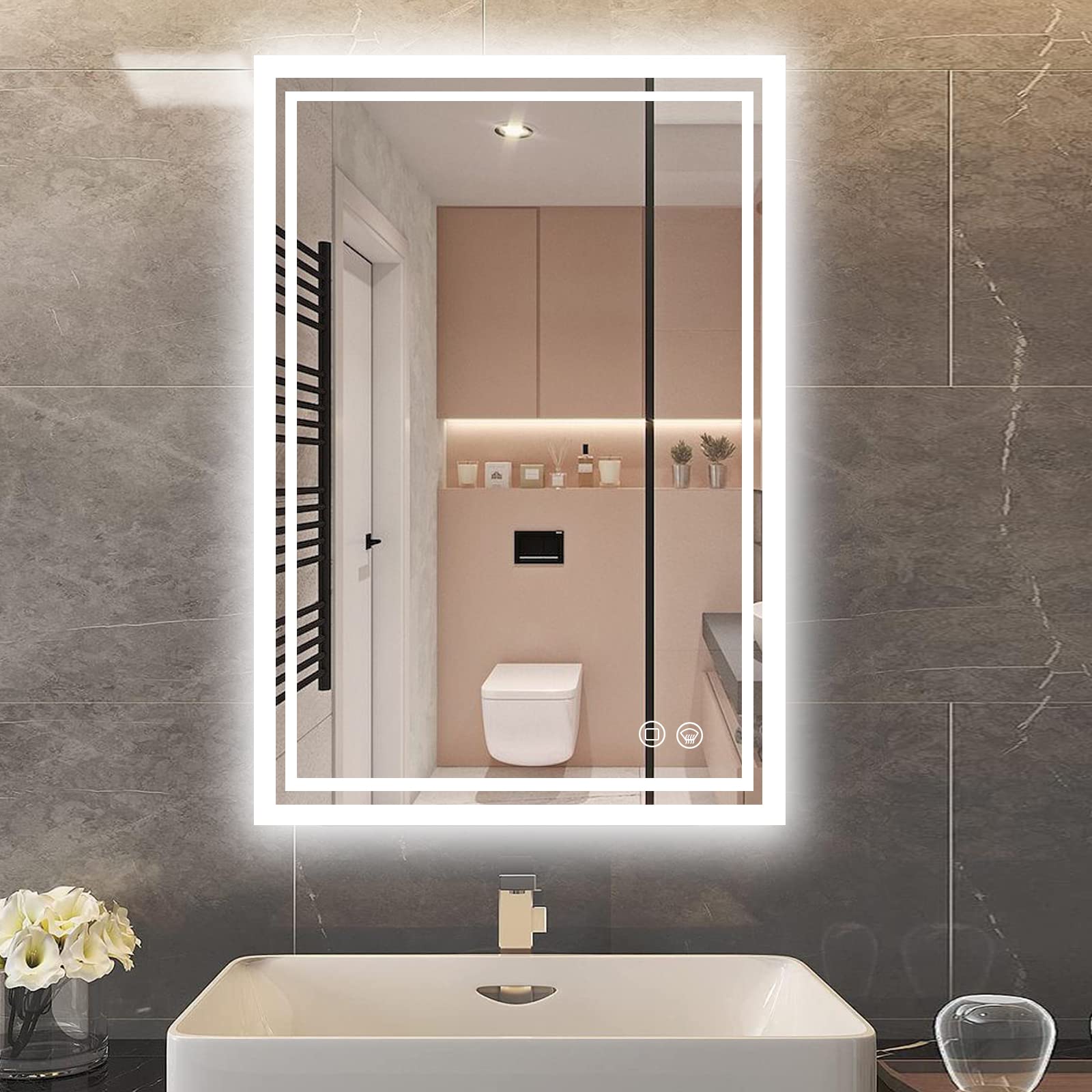 N-Hocezyg 36 x 28 Inch LED Bathroom Mirror with Front & Backlight - Anti-Fog Wall Mounted Makeup Vanity Mirror with 3 Color Modes (Warm/Natural/White) - Perfect for Bathroom, Dressing Room & Salon Lighting