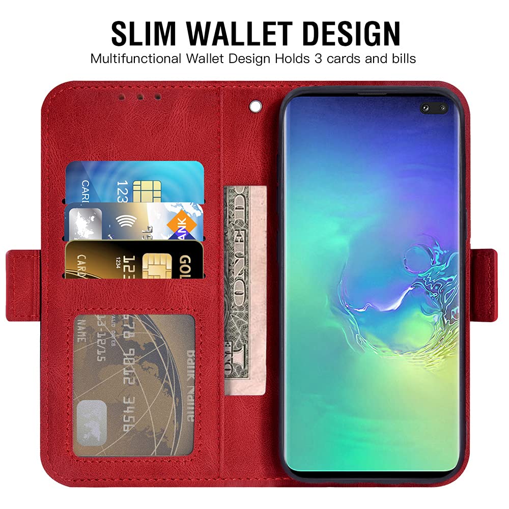 Samsung Galaxy S10 Plus Wallet Case with Tempered Glass Screen Protector | Flip Cover Card Holder | Compatible with Galaxy S10+ & S10 Edge | Premium Phone Accessories for Work, Travel & Everyday Use (Red)
