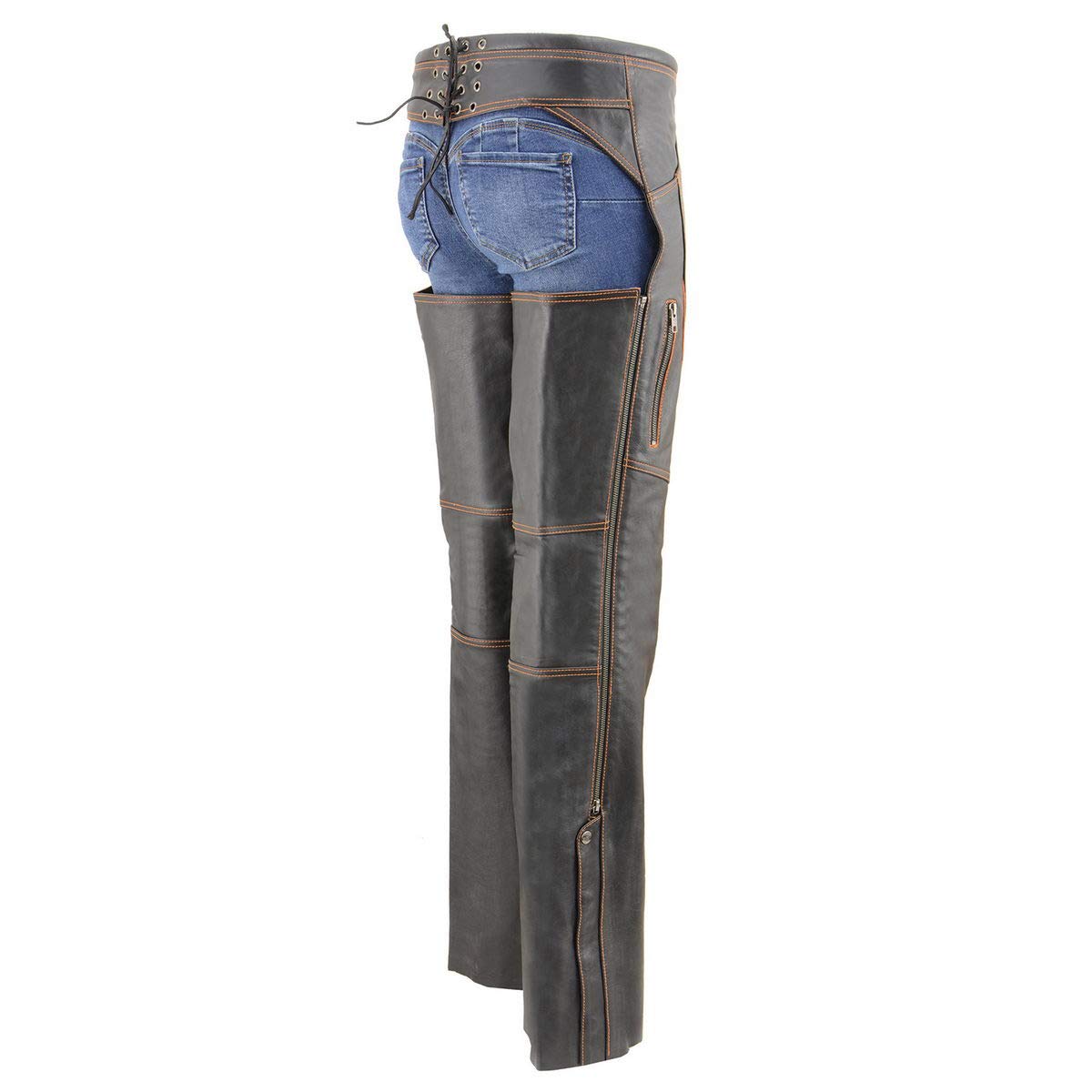 Premium Milwaukee Leather Motorcycle Chaps for Women - Black & Orange with Laser Cut Accent Stitching (MLL6525, Large) | Durable Riding Gear for Harley, Cruiser & Adventure Bikes