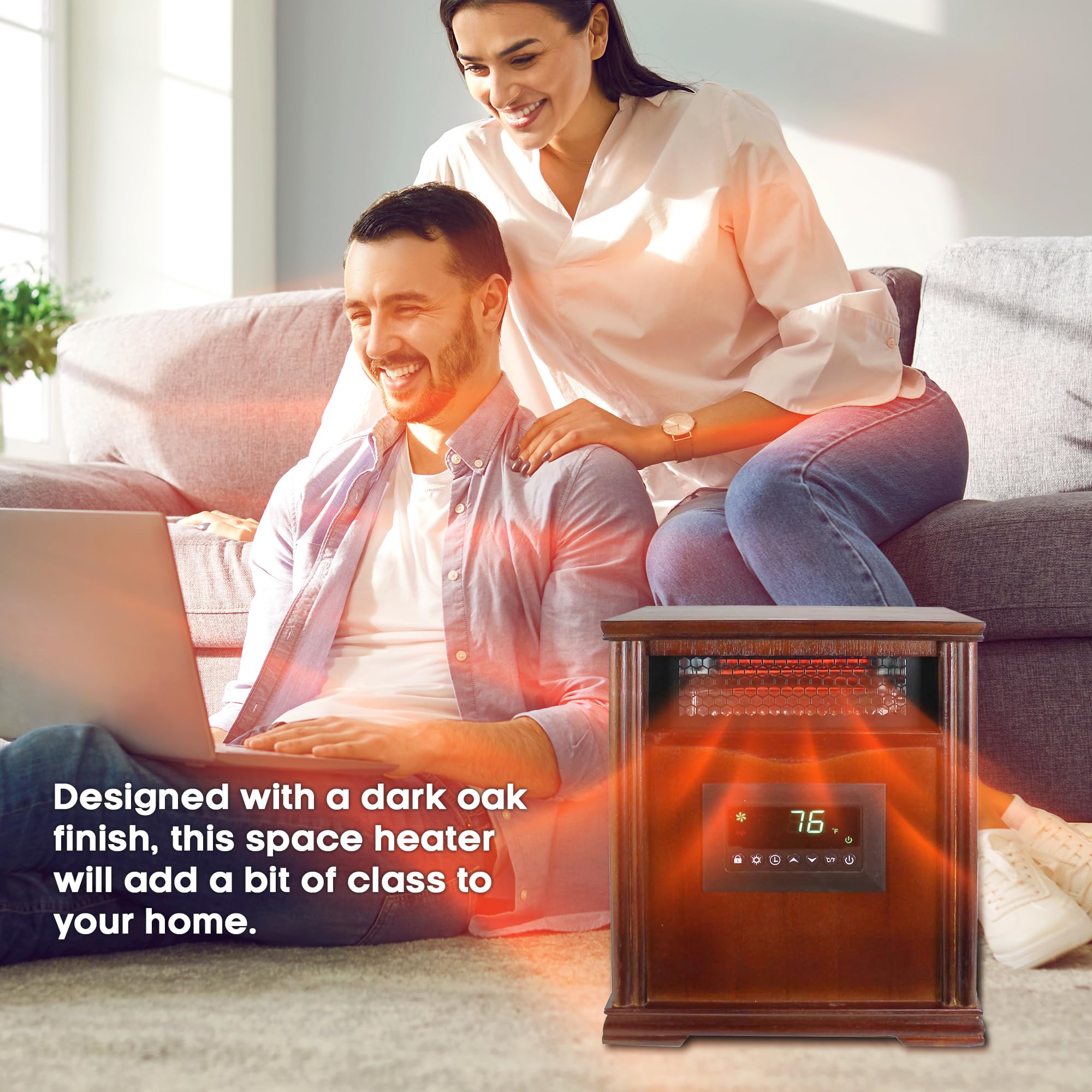 LifeSmart LifePro 1500W Portable Infrared Quartz Space Heater with Remote Control - Fast Heating for Bedroom, Office & Indoor Use - Energy Efficient with 4 Heating Elements - Brown Oak Wood Design