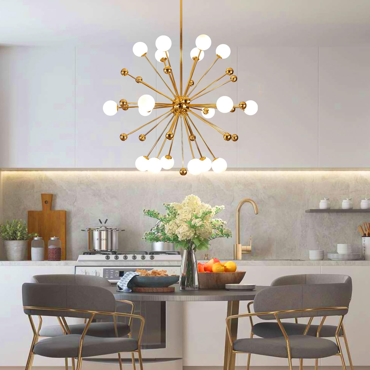Modern Globe Chandelier - 18-Light Gold Sputnik Flush Mount Ceiling Light with White Glass Balls, Adjustable Height - Perfect for Dining Room, Living Room, Bedroom & Entryway Lighting