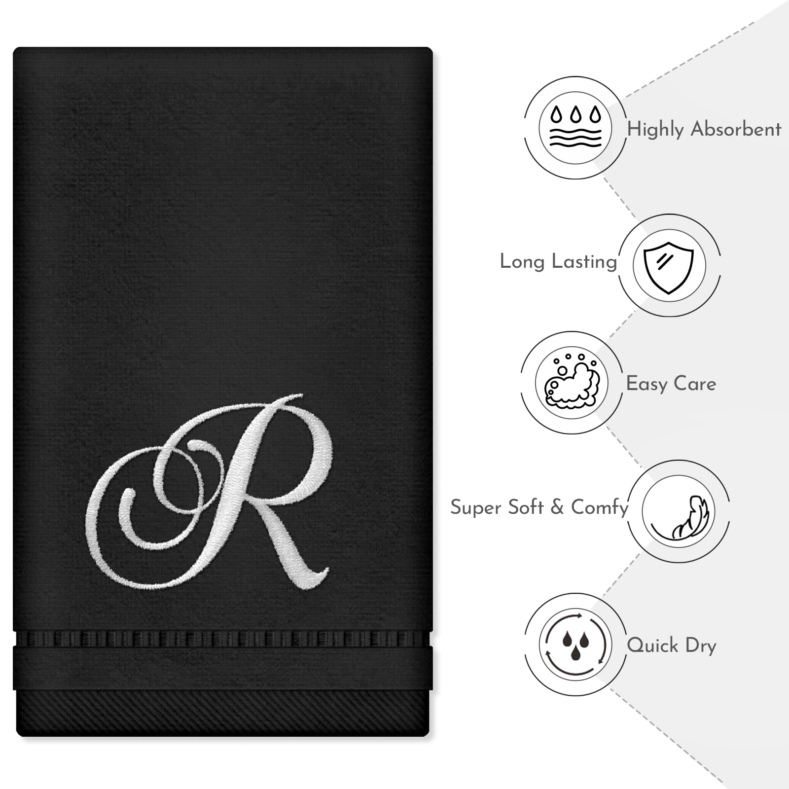 Personalized Monogrammed Hand Towels Set - 100% Cotton Embroidered Bathroom Towels (11x18 Inches) - Black Initial R - Set of 2 - Perfect for Guest Bathrooms, Powder Rooms & Luxury Home Decor