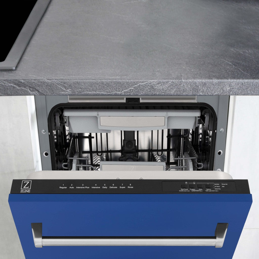 ZLINE 18 Inch Tallac Series 3rd Rack Top Control Built-In Dishwasher - Blue Matte Finish with Stainless Steel Tub, 51dBA Quiet Operation (DWV BM 18) | Perfect for Modern Kitchens, Small Spaces & Energy-Efficient Homes