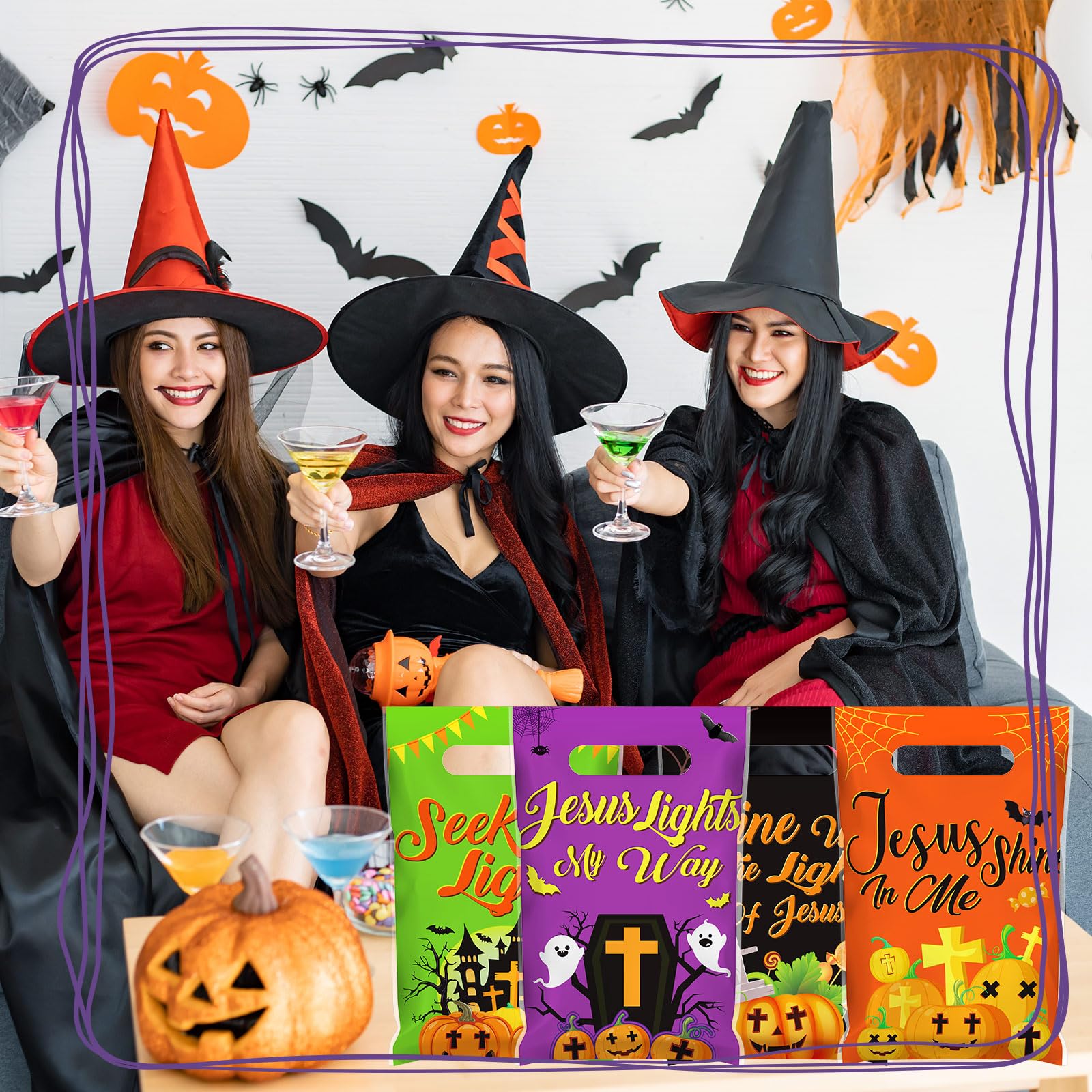 Frienda 100-Piece Plastic Halloween Treat Bags with Handles - Autumn Thanksgiving & Halloween Party Supplies for Candy, Snacks & Gifts | Perfect for Trick-or-Treating, Classroom Treats & Holiday Celebrations