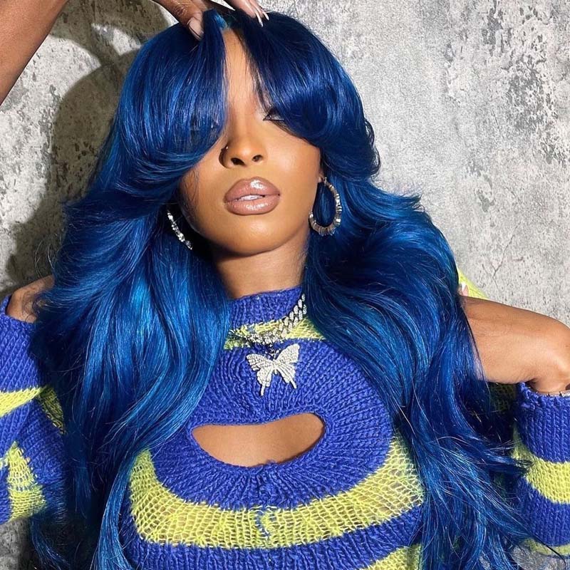 Eullair Blue Body Wave Human Hair Wig with Layered Curtain Bangs | Glueless Lace Frontal Wig | Straight & Wavy Style | Perfect for Cosplay, Halloween & Daily Fashion