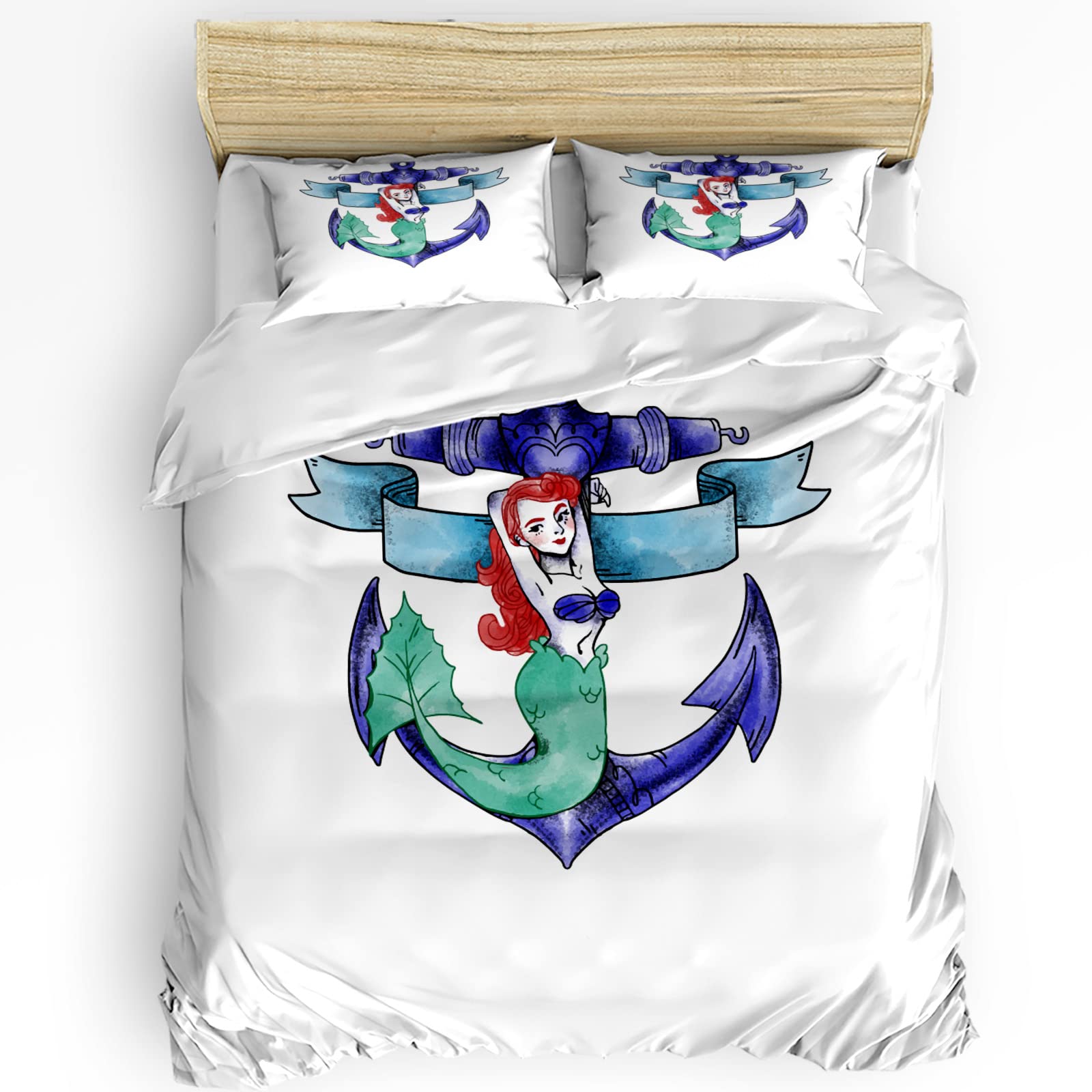 Hellowink 3-Piece Mermaid Duvet Cover Set Queen Size - Soft Lightweight Comforter Cover with 2 Pillow Shams, Anchor Design | Perfect for Coastal Bedroom Decor & Guest Room Makeover