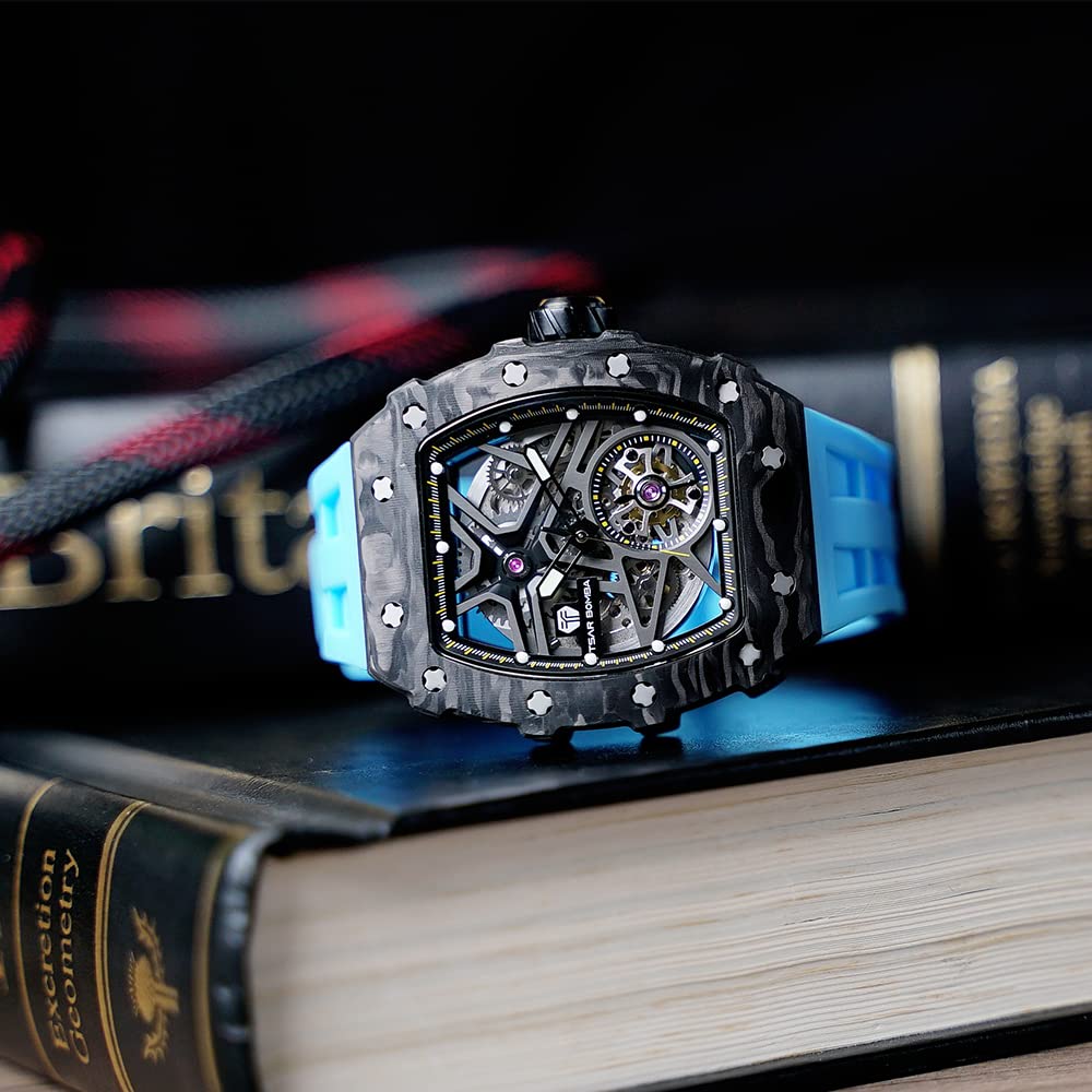 TSAR BOMBA Men's Luxury Automatic Skeleton Watch - Silver Square Big Face, 50M Waterproof, Silicone Strap - Perfect for Business, Casual & Formal Wear - Unique Analog Wristwatch for Men