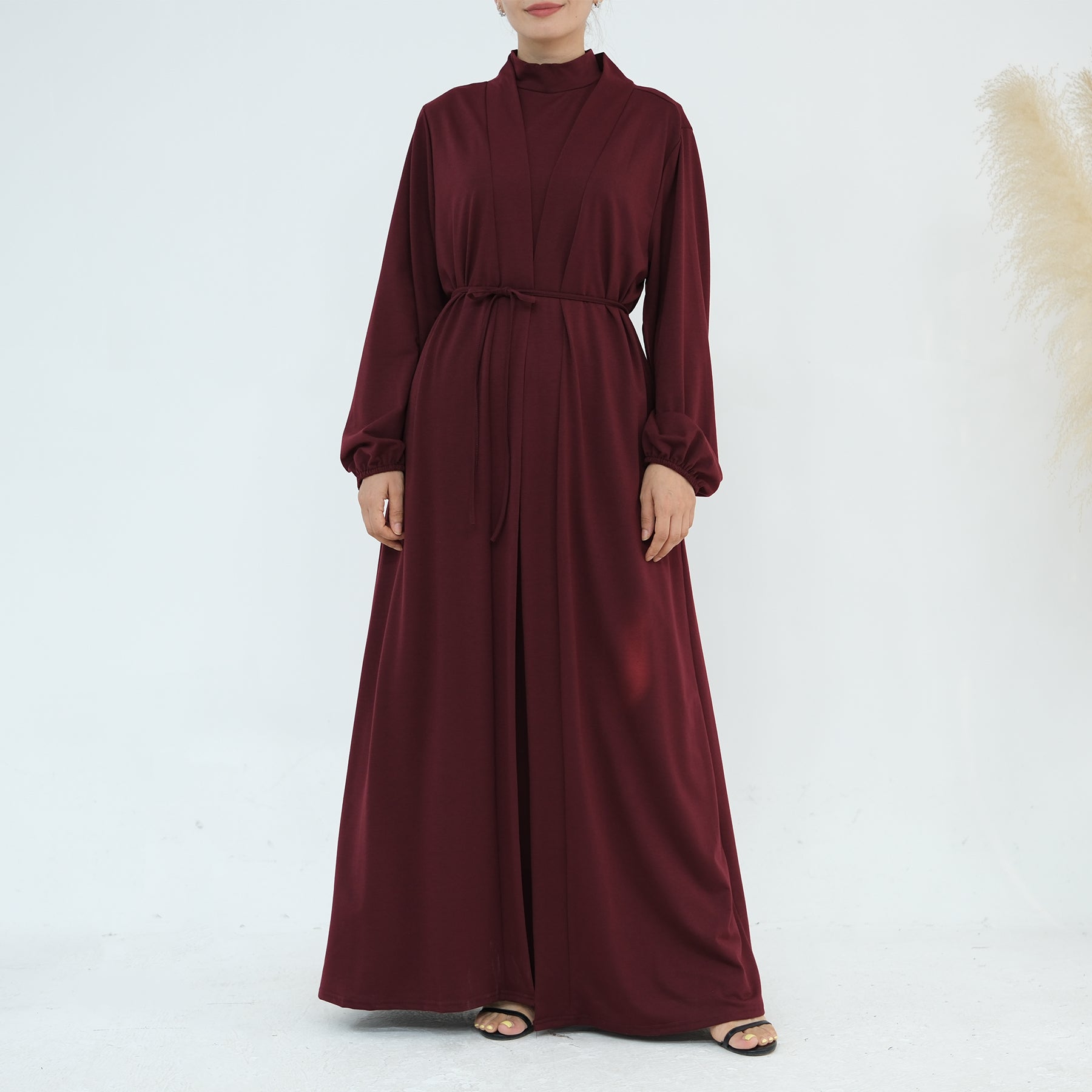 Jojo 3-Piece Modal Abaya Set in Wine Red - Premium Muslim Prayer Dress for Women, Comfortable & Breathable Islamic Clothing for Prayer, Mosque, Eid, and Special Occasions
