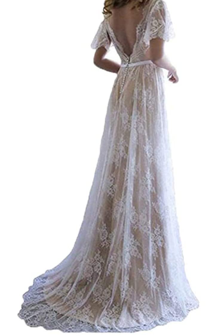 Elegant V-Neck Backless Lace Beach Dress - Bohemian Wedding Gown for Women | Perfect for Beach Weddings, Summer Vacations & Boho Bridal Parties