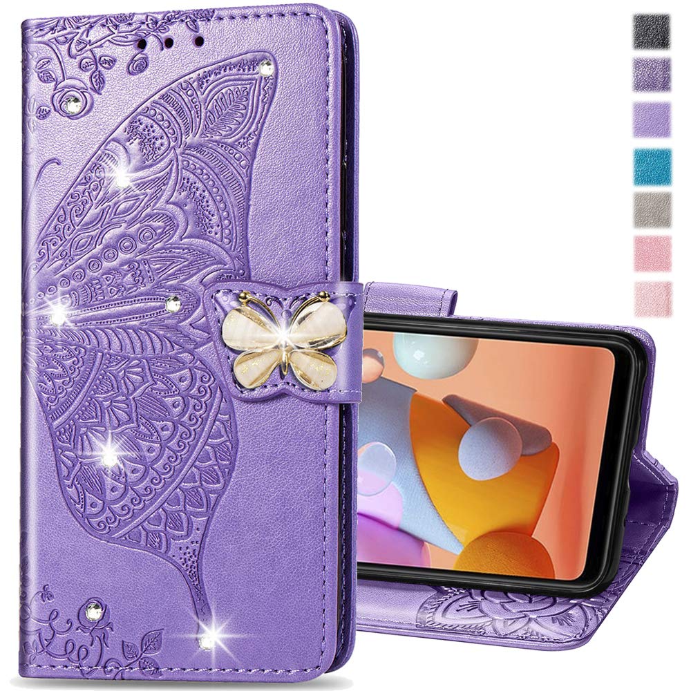 Shockproof Leather Flip Wallet Case for iPhone 11 (6.1 Inch) - Glitter Bling Diamond Butterfly Design with Card Holder & Stand | Crystal Lavender Protective Cover for Women | Perfect for Daily Use, Travel & Office