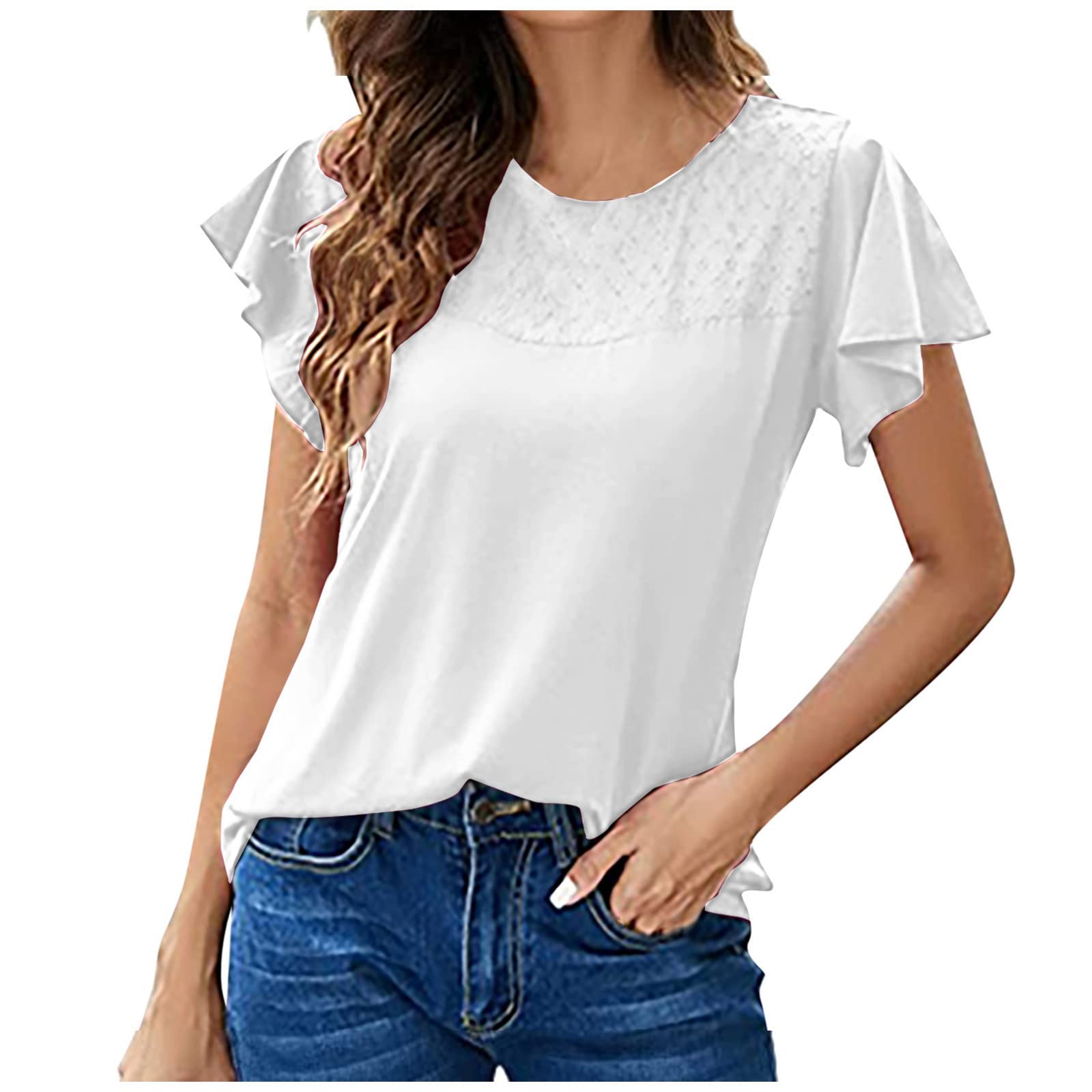 Women's Summer Casual Ruffle Short Sleeve T-Shirt - Crew Neck Solid Color Embroidery Loose Tunic Blouse for Beach, Vacation & Everyday Wear