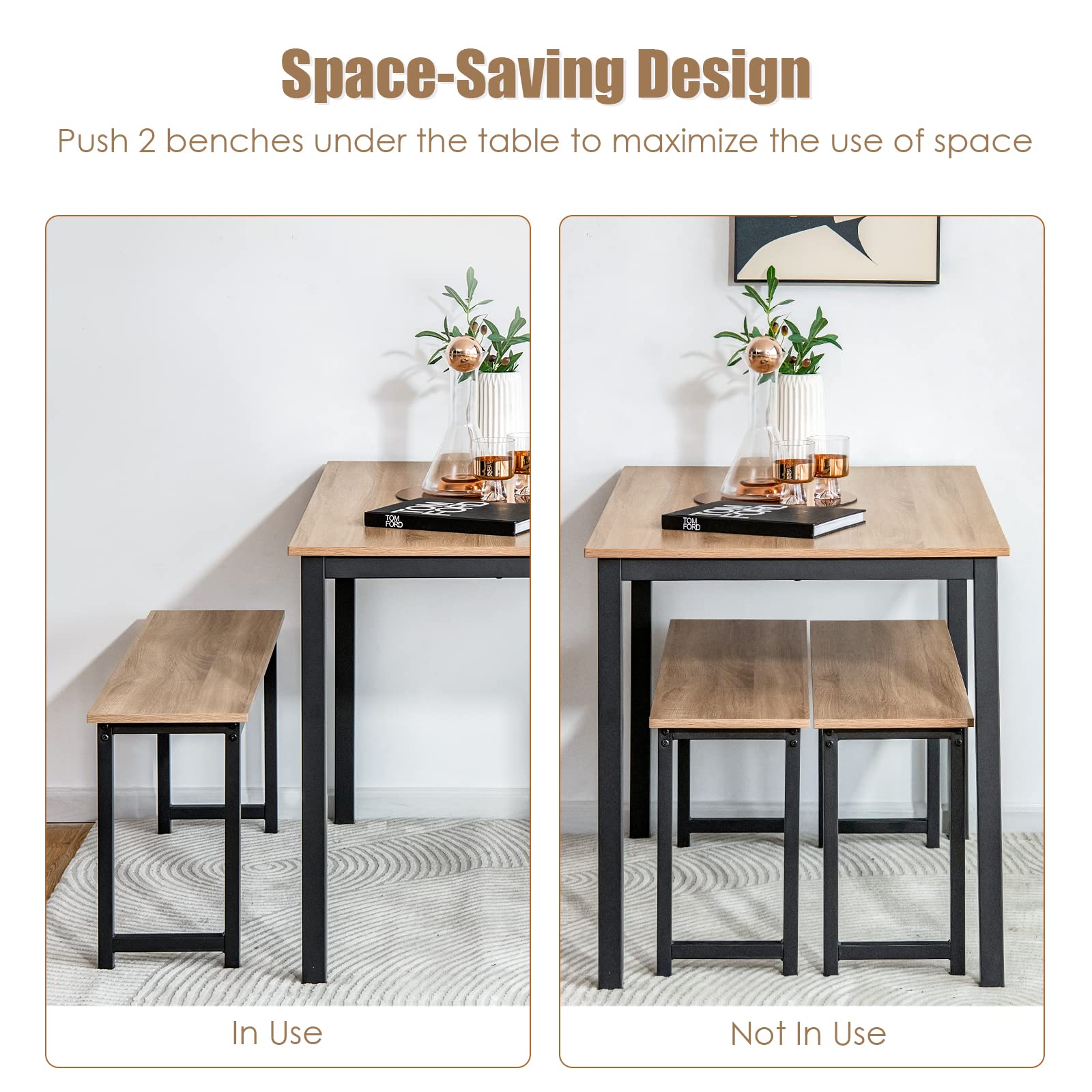 Modern Industrial Dining Table Set for 4 with 2 Benches - 3-Piece Kitchen Table with Metal Frame & Wood Tabletop - Industrial Brown & Black - Perfect for Small Spaces, Apartments, and Modern Farmhouse Dining Rooms