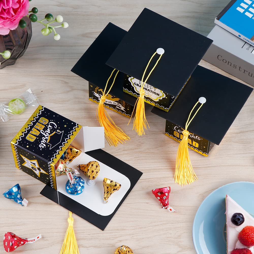 AerWo 30Pcs Gold and Black Graduation Party Favors - Congrats Grad Decorations, Graduation Cap Gift Box & Candy Box - Perfect for College & High School Graduation Party Decor 2025 - Great for Graduation Ceremonies, Open House Events & Commencement Celebrations