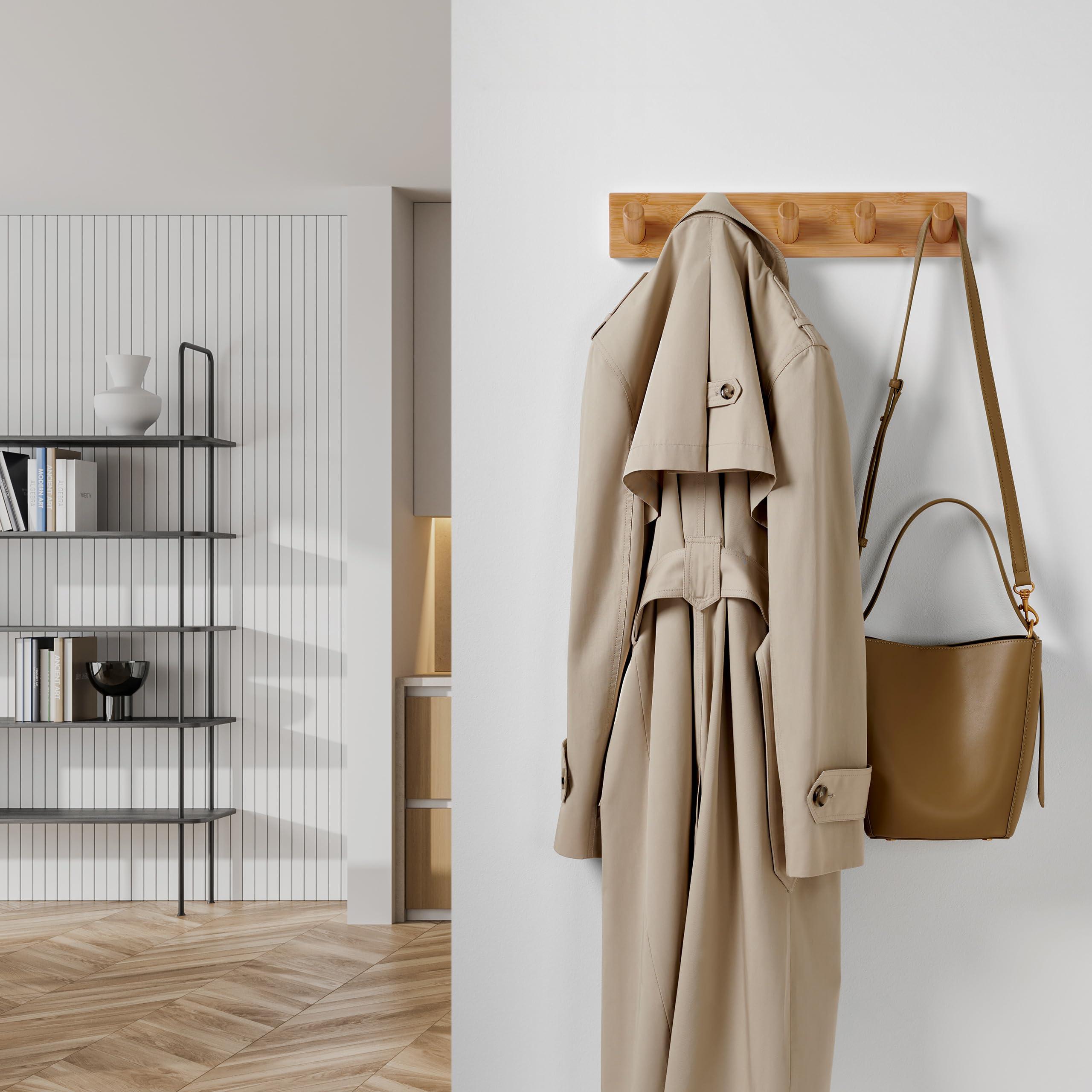 Modern Wooden Wall Coat Rack with 5 Hooks (2-Pack) - Scandinavian Home Decor for Entryway & Bedroom