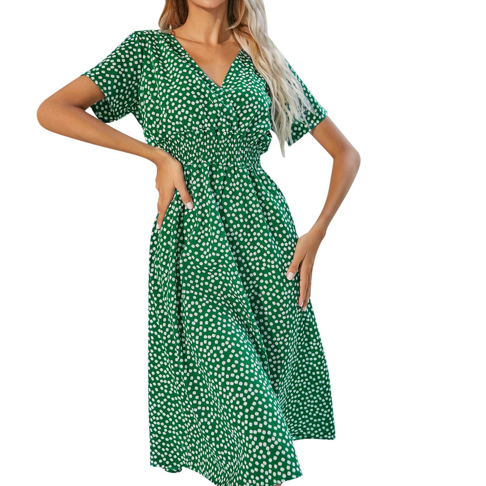2022 Women's Summer Beach Dresses - Floral Printed V-Neck Maxi Sundress with Ruffle Short Sleeves | Wedding Guest Outfit, Casual Sexy Flow Dress for Vacations, Pool Parties & Date Nights
