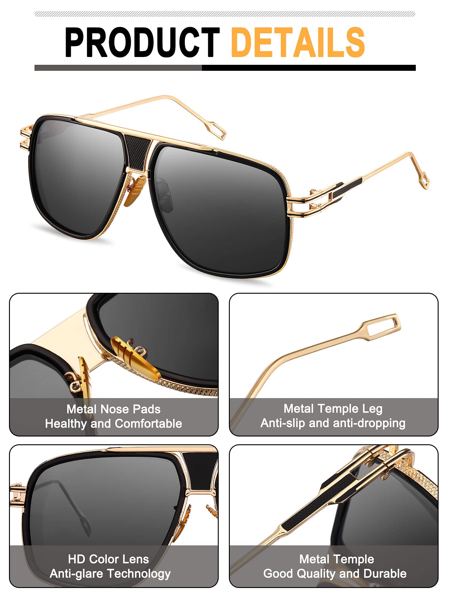 Frienda Retro Sunglasses for Men - 3 Pairs Fashion Metal Gold Frame Oversized Shades - Perfect for Driving, Beach & Outdoor Activities