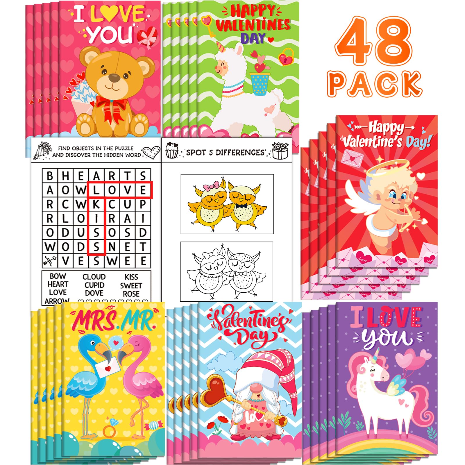 48PCS Valentine's Day Coloring Books for Kids - Fun Activity Books with Mazes & Find the Difference Games | Perfect Valentines Gifts for Classroom Parties, Goodie Bags & Holiday Celebrations