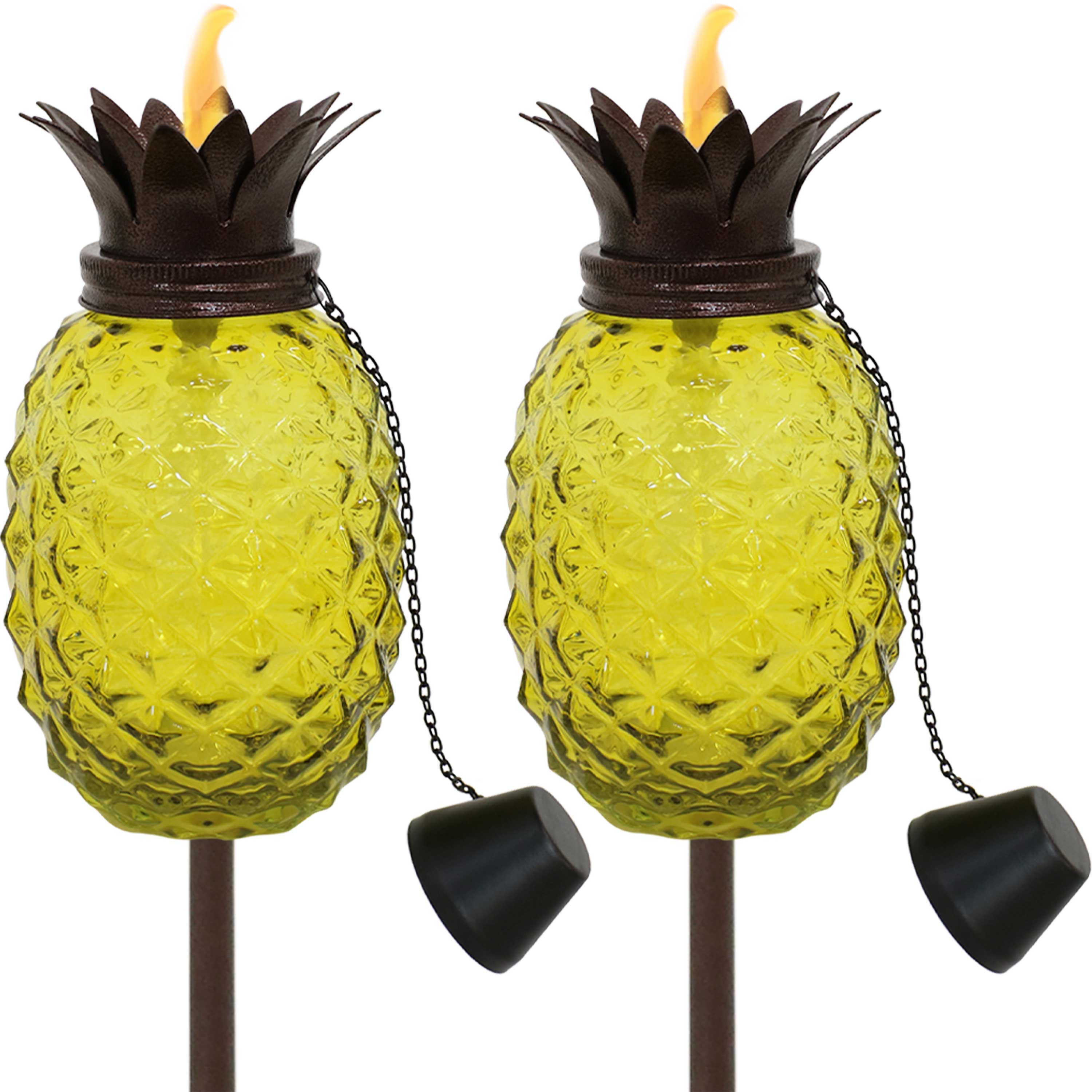 Tropical Pineapple Glass Outdoor Torches Set of 2 - 3-in-1 Solar, LED & Flame Torch Lights for Patio, Garden & Poolside Decor