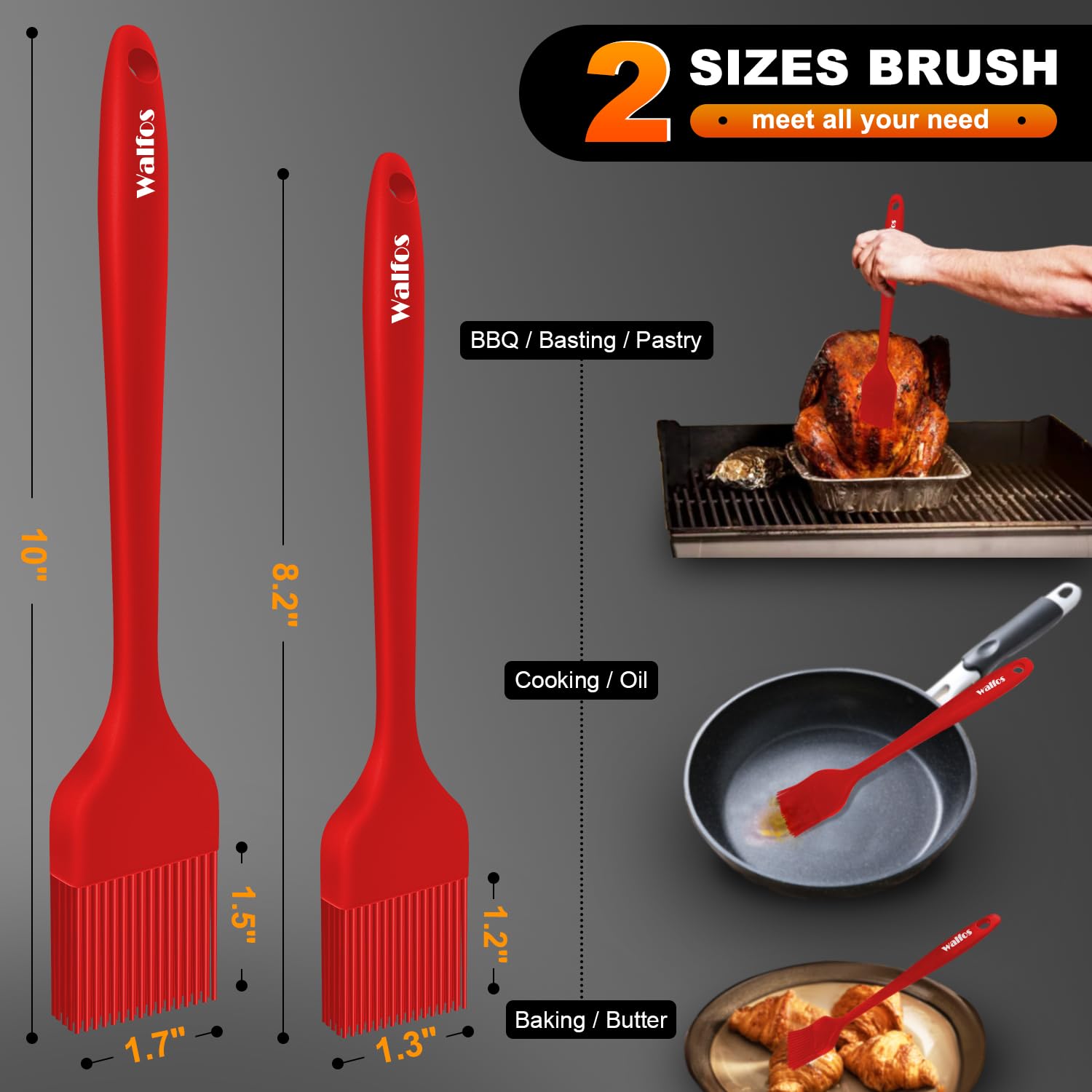Walfos Silicone Basting Pastry Brush Set - 2 Pack Heat Resistant BBQ & Baking Brushes with Steel Core, One-Piece Design for Grilling, Cooking, Cake Decorating - BPA Free & Dishwasher Safe (Red)
