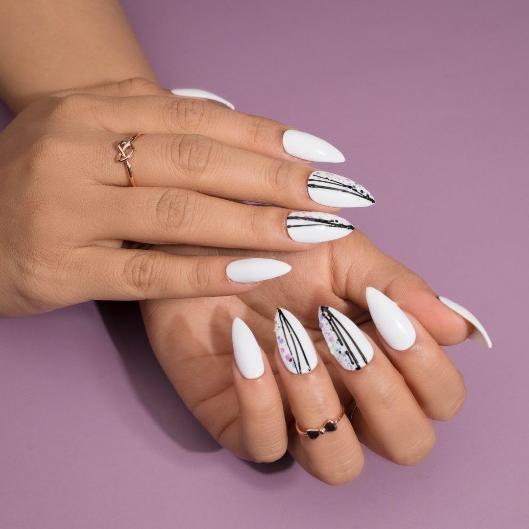 Premium Fake Press-On Nails - White Unicorn Set of 20 | Reusable Full Coverage Artificial Nails with UV Gel Polish | Easy to Use Stick-On Nail Extensions for Both Hands | Perfect for Parties, Weddings, and Everyday Wear