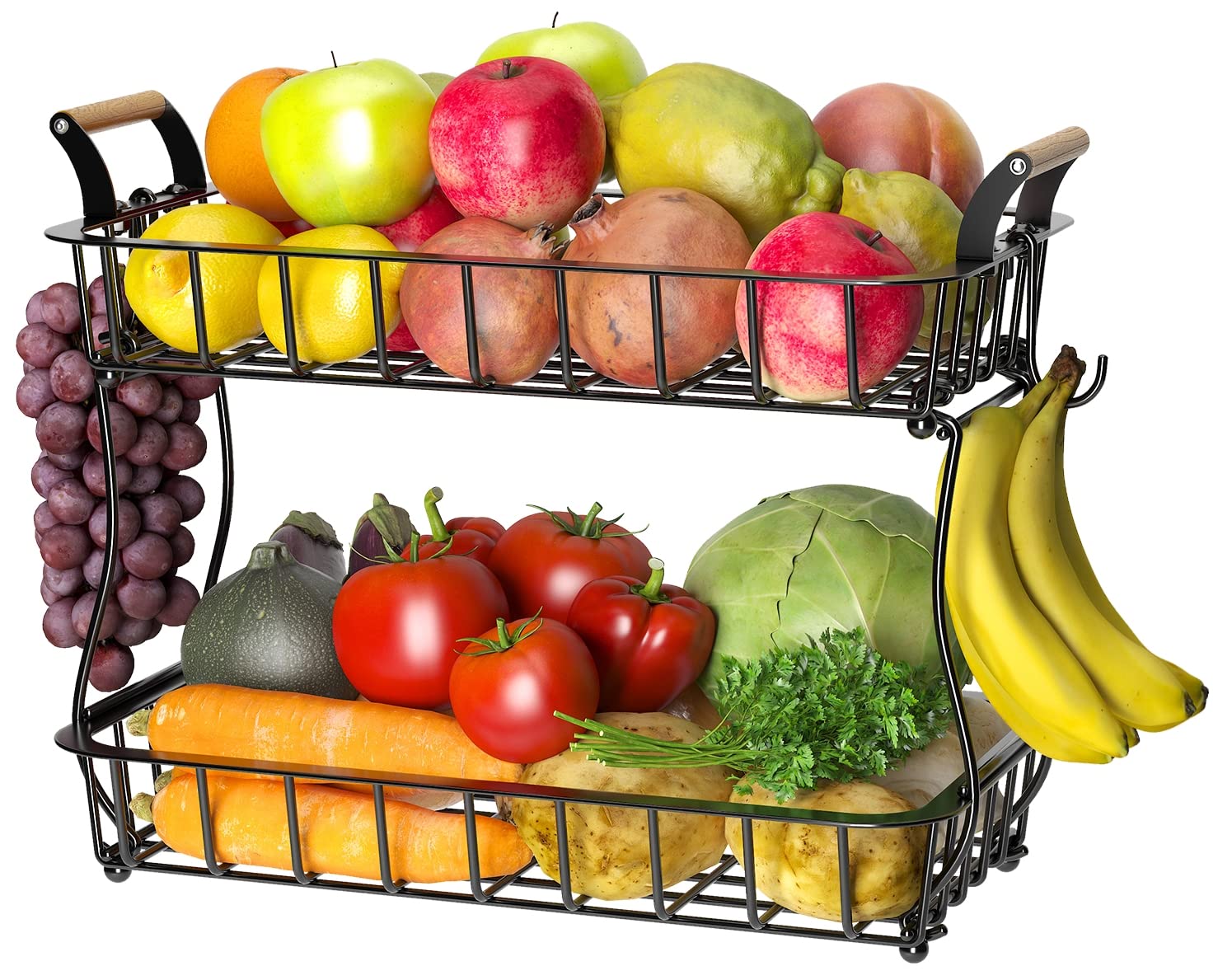 2-Tier Countertop Fruit Basket Bowl Storage with Two Banana Hangers and Wooden Handles - Black | Space-Saving Kitchen Organizer for Fruits, Vegetables & Snacks | Perfect for Countertop, Pantry or Dining Table Display