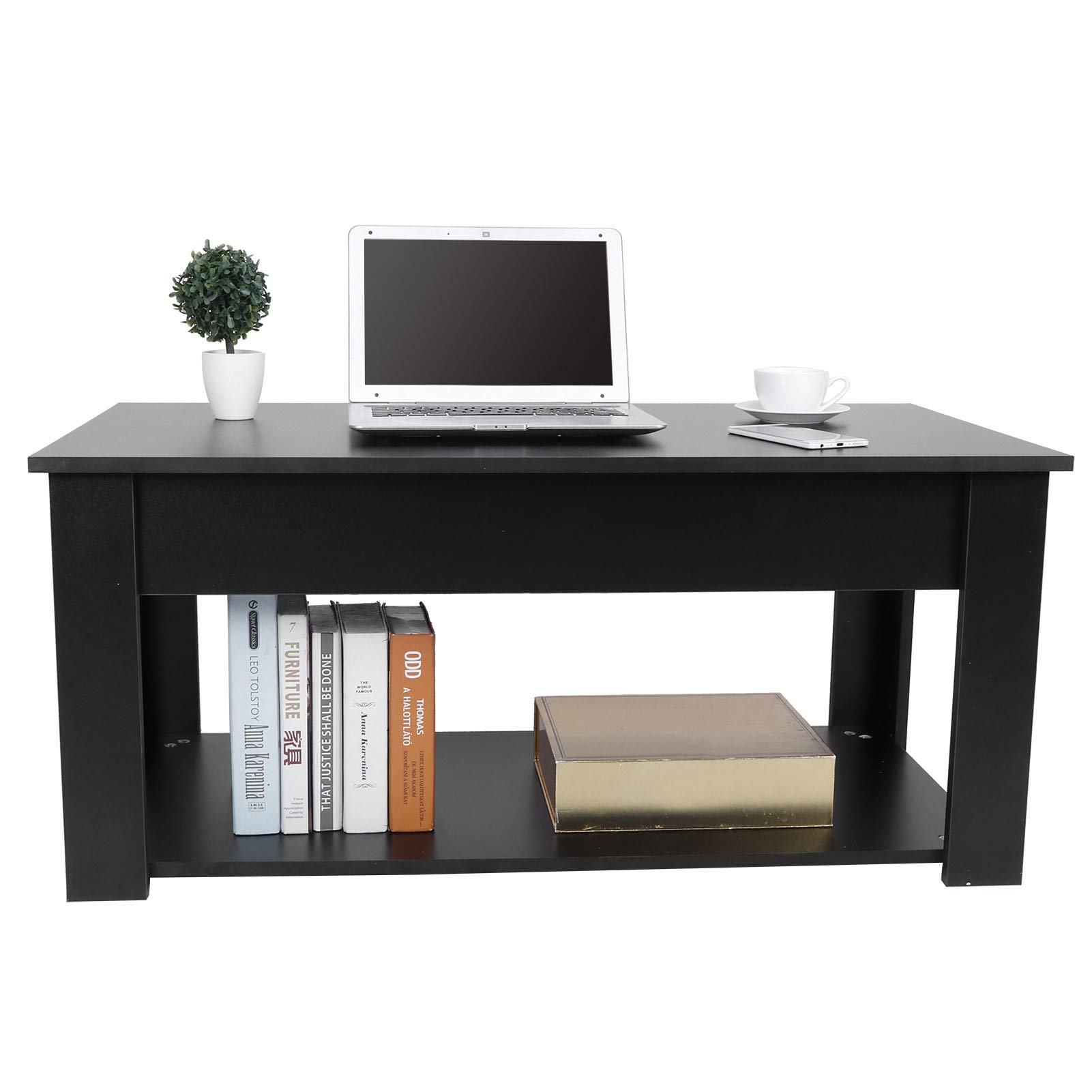 Modern Lift Top Coffee Table with Storage Shelf - Black Adjustable Height End Table for Living Room, Office & Reception Areas | Space-Saving Design for Small Apartments & Home Decor
