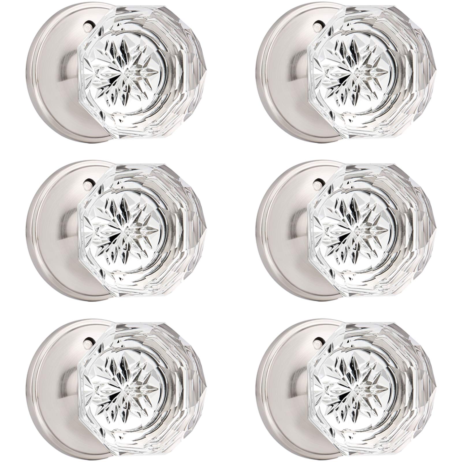 6 Pack Clear Glass Privacy Door Knobs with Satin Nickel Finish - Crystal Bedroom & Bathroom Door Handles - Zinc Alloy Round Rosette for Home Interior Doors (Ideal for Bedrooms, Bathrooms & Privacy Spaces)