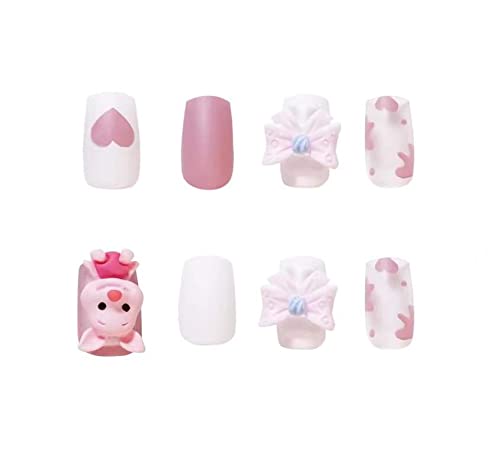 3D Cartoon Pig Bow Press On Nails - Medium & Long Square Fake Nails (24Pcs) - Pinkish Purple Artificial Nails for Women - Perfect for Parties, Weddings, and Daily Wear