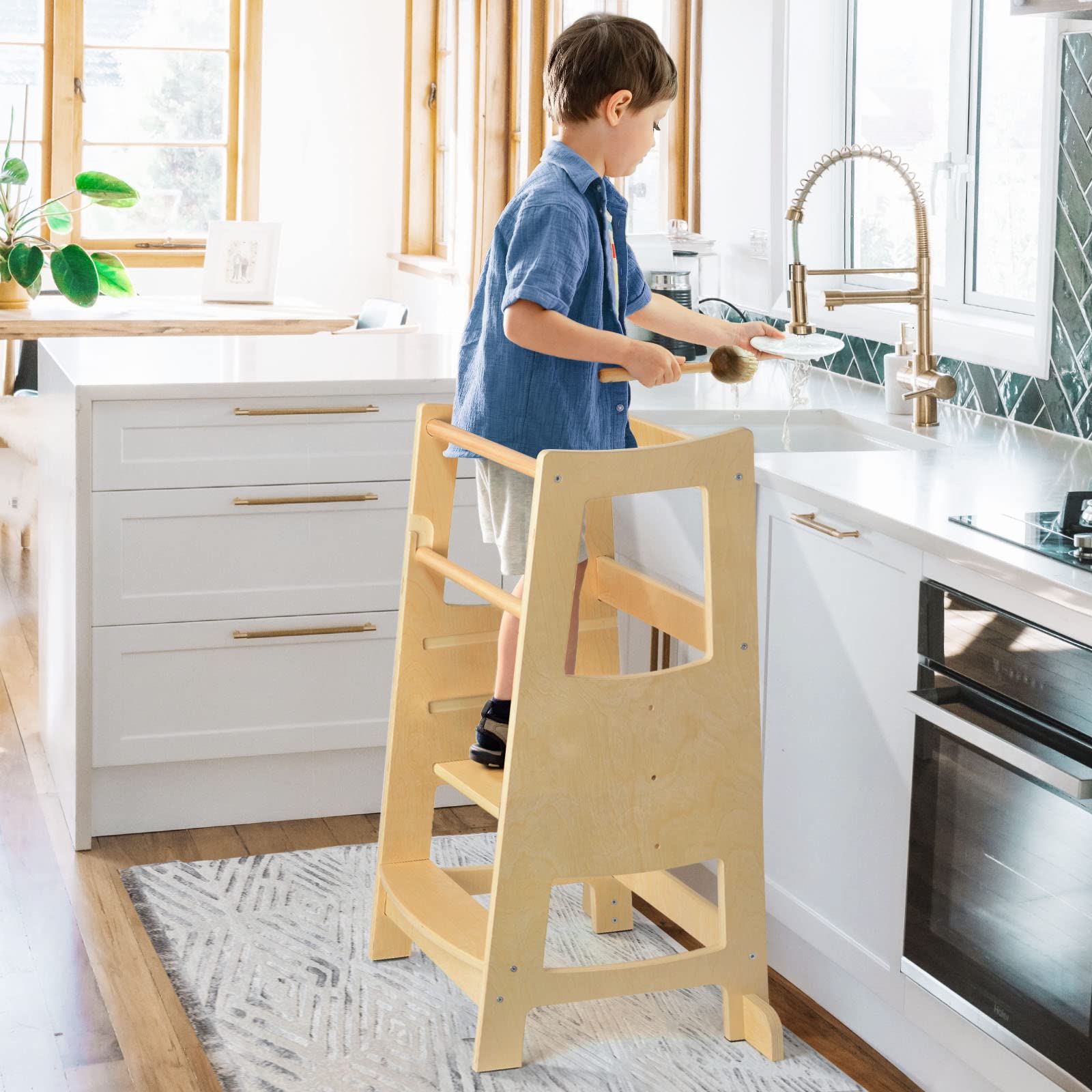 **Adjustable Wooden Toddler Step Stool with Safety Rail - 3 Height Levels for Kitchen, Bathroom & Counter - Safe Kids Step Stool Helper for Learning & Independence**    *(Use Scenes: Perfect for toddlers to safely reach sinks, countertops, or participate in cooking, brushing teeth, and other daily activities.)*