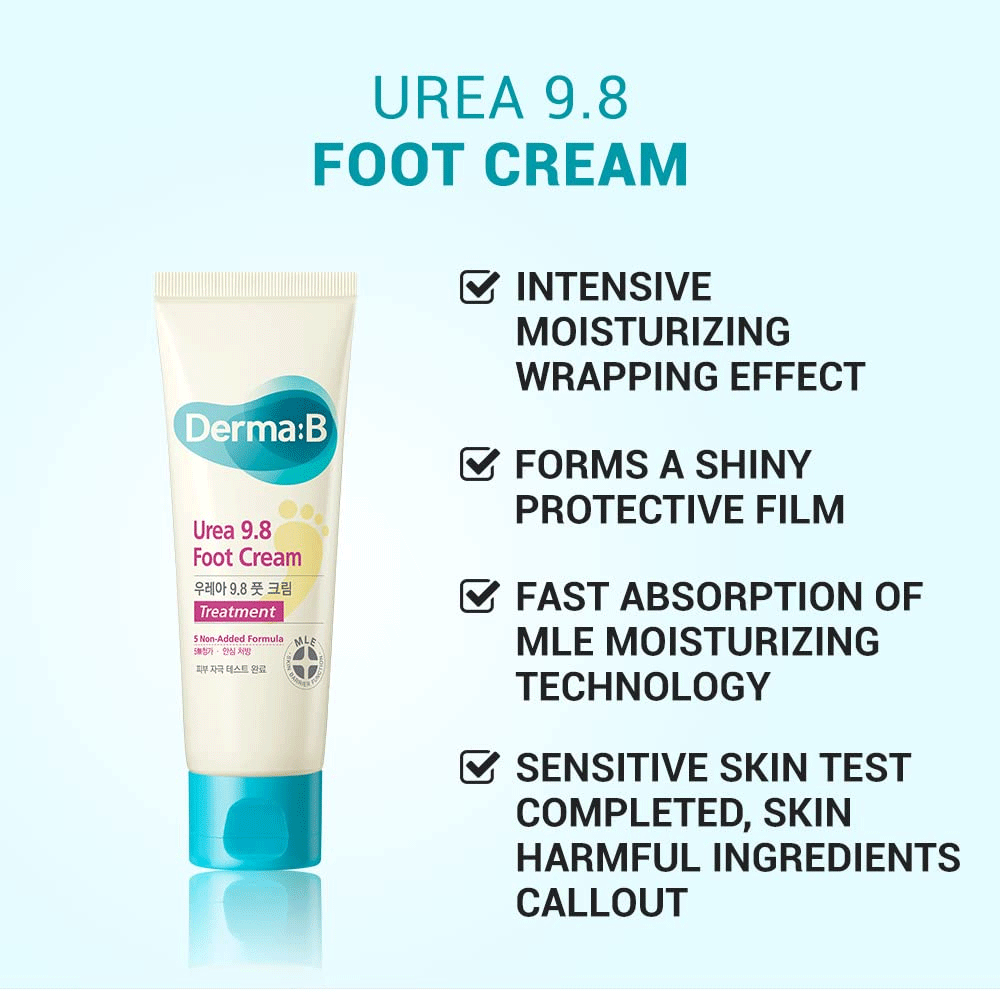 Derma:B Urea 9.8% Foot Cream 80ml - Intensive Moisturizing Treatment for Dry, Cracked Feet - Perfect for Daily Foot Care & Pedicure Routine