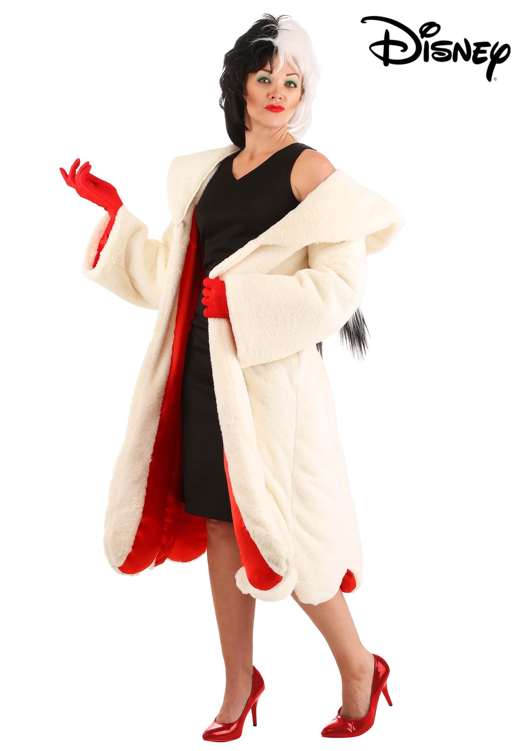 Disney 101 Dalmatians Cruella De Vil Costume for Women - Black Dress with White Faux Fur Coat | Halloween, Cosplay, Themed Parties, Movie Nights | Perfect for Disney Fans, Villain Costume Lovers and Dress-Up Events