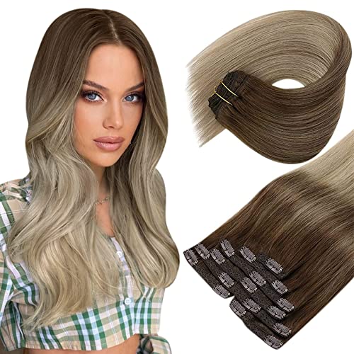 20 Inch Sunny Brown Ombre Clip in Human Hair Extensions - 7pcs 120g Brown to Golden Blonde Mix Remy Hair - Invisible Seamless Clip Ins for Volume & Length - Perfect for Parties, Weddings & Daily Styling