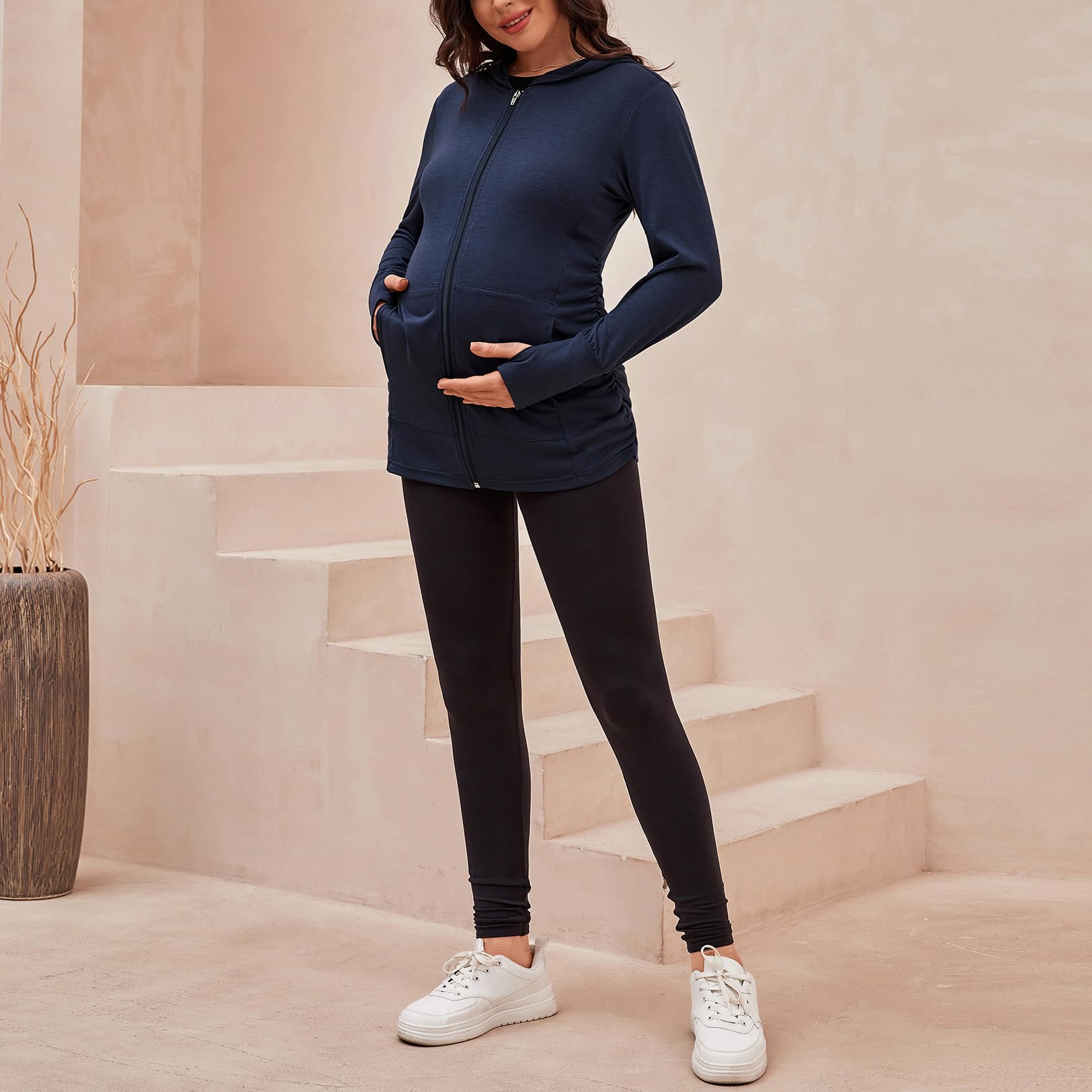 DEBELLY Maternity Hoodie - Women's Full Zip Long Sleeve Pregnancy Sweatshirt with Pockets & Thumb Holes | Comfortable Side Ruching for Bump Support | Perfect for Casual Wear, Nursing & Maternity Photos