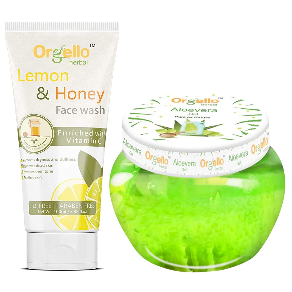 Orgello Herbal Aloe Vera Massage Gel for Face & Body - 100gm Pure Aloe Gel for Acne, Scars & Glowing Skin + Lemon Honey Face Wash (Pack of 2) - Perfect for Daily Skincare Routine & Post-Sun Care