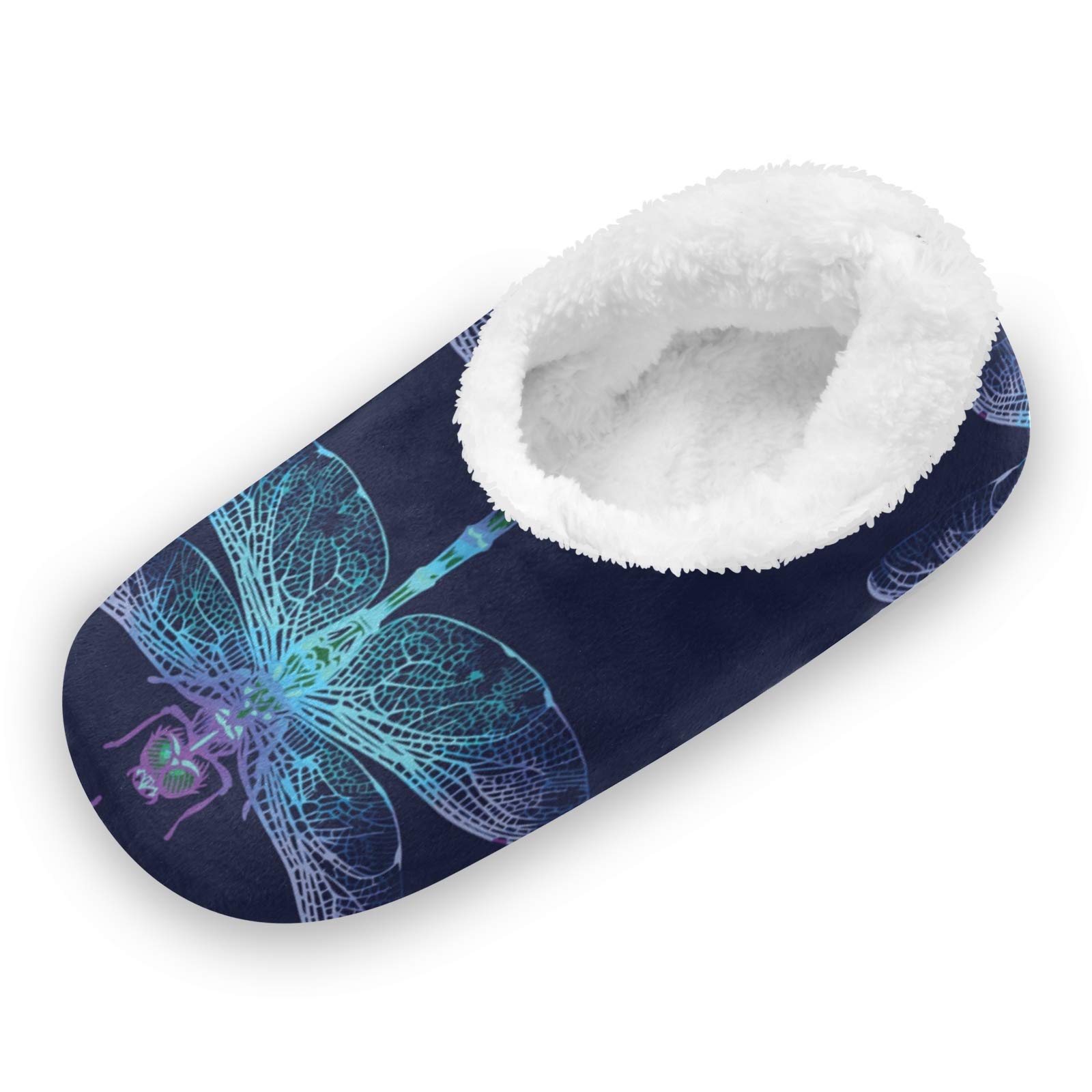 Dark Blue Dragonfly House Slippers for Women & Men - Ultra Soft Warm Indoor Bedroom Shoes for Winter Comfort | Cozy Home Lounging, Relaxing After Work, Spa Days