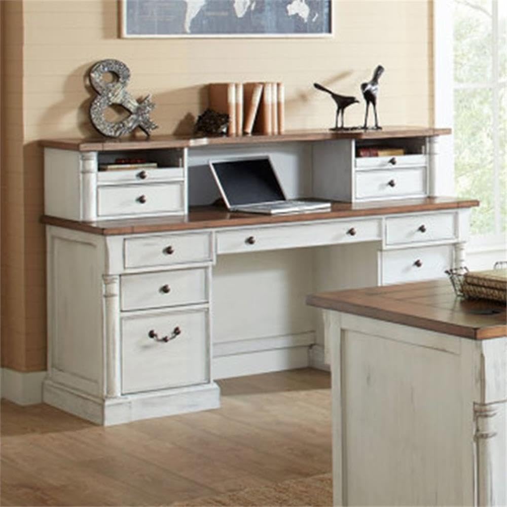 Home Square 2-Piece Computer Desk with Hutch Set in Weathered White - Perfect for Home Office, Study Room & Small Spaces