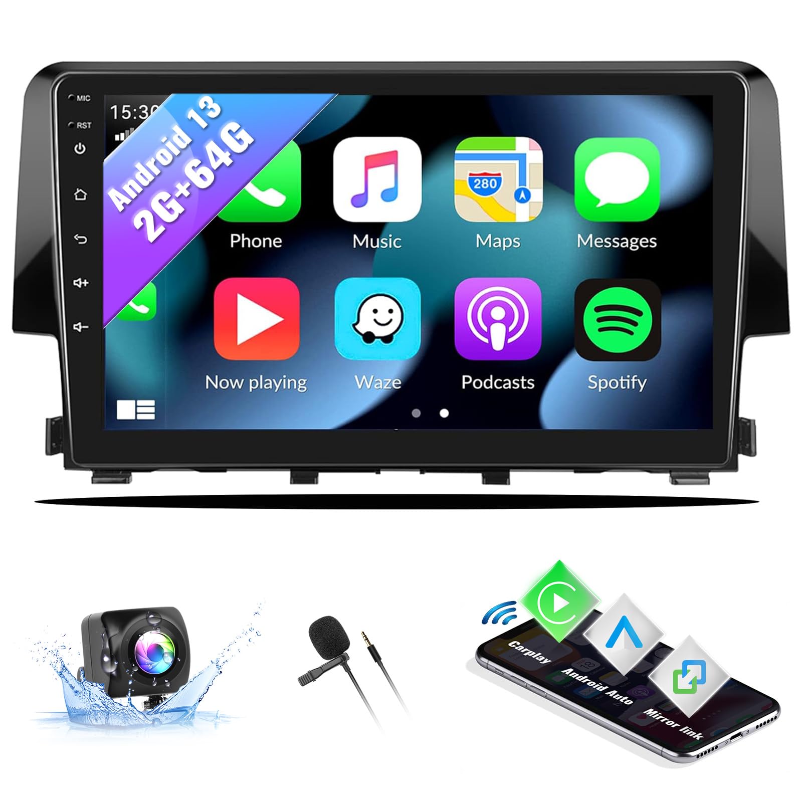 Android 13 Car Stereo Radio for Honda Civic 2016-2020 | Wireless CarPlay & Android Auto | 2GB RAM 64GB ROM | Bluetooth FM GPS WiFi HiFi | Perfect for Commuting & Road Trips