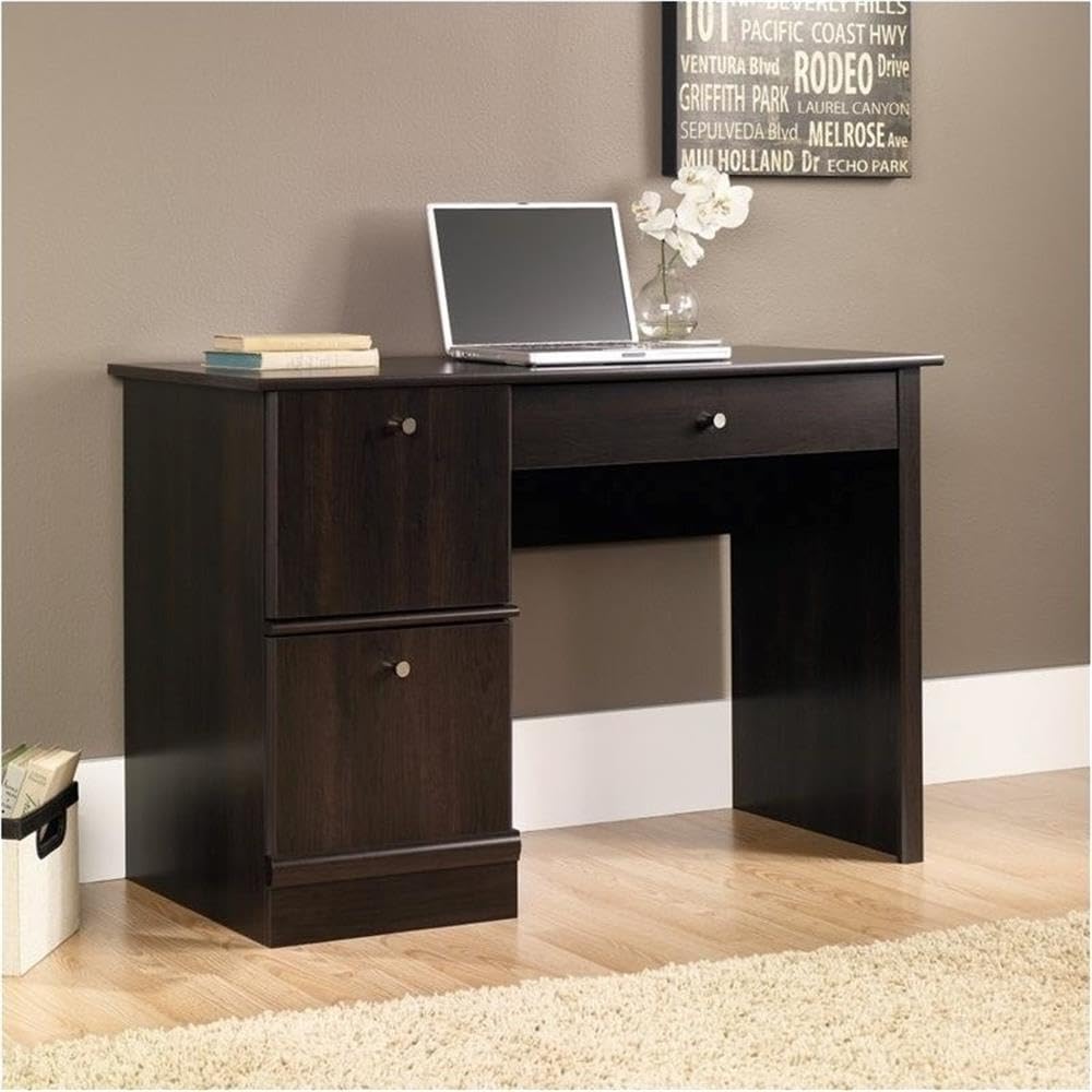 Pemberly Row Transitional Wood Computer Desk with Keyboard Tray in Cherry Finish - Home Office Desk for Work, Study & Gaming