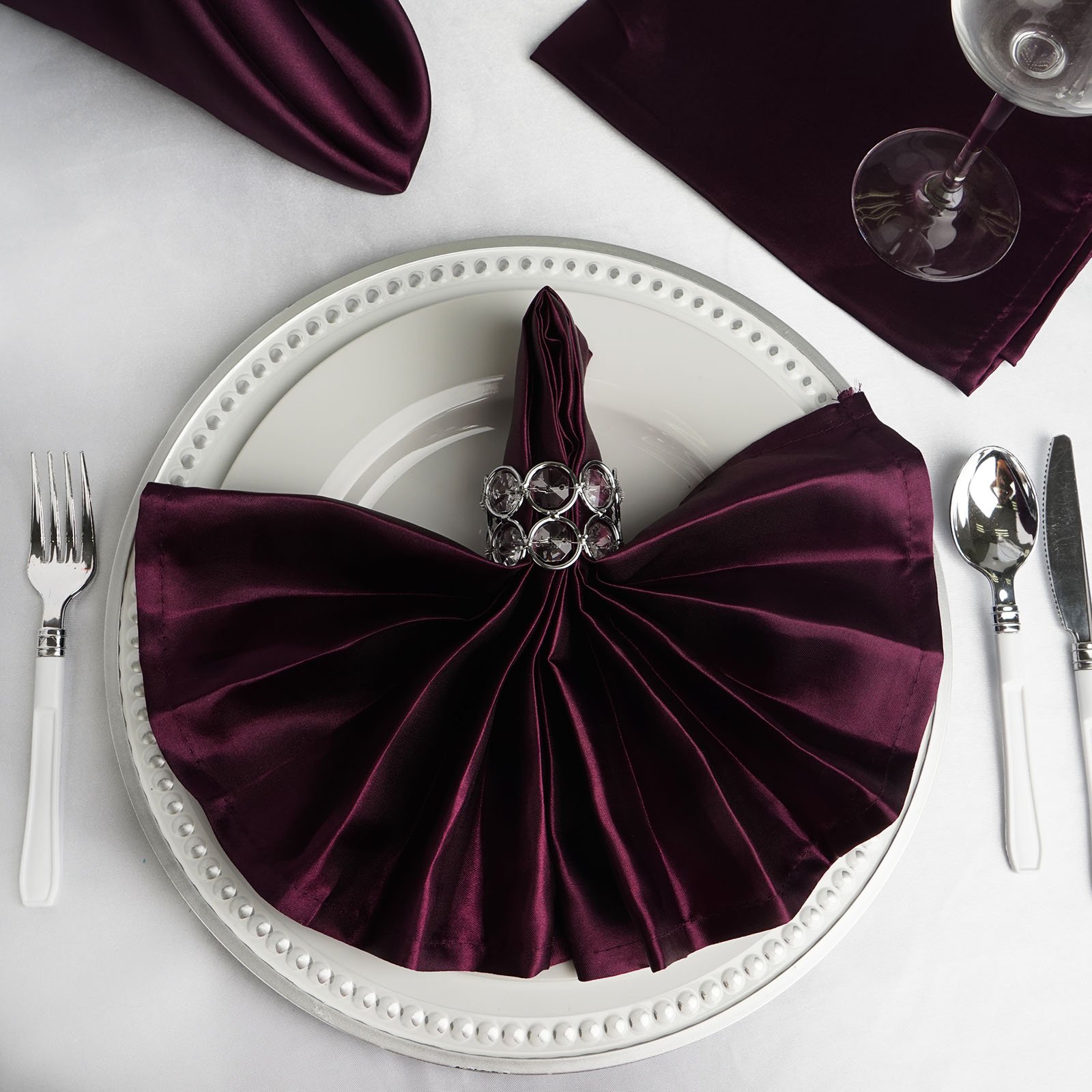 25-Pack 20-Inch Reusable Washable Eggplant Purple Satin Table Napkins for Wedding, Party, Dinner - Elegant Table Linens & Tableware Supplies for Home & Restaurant Use