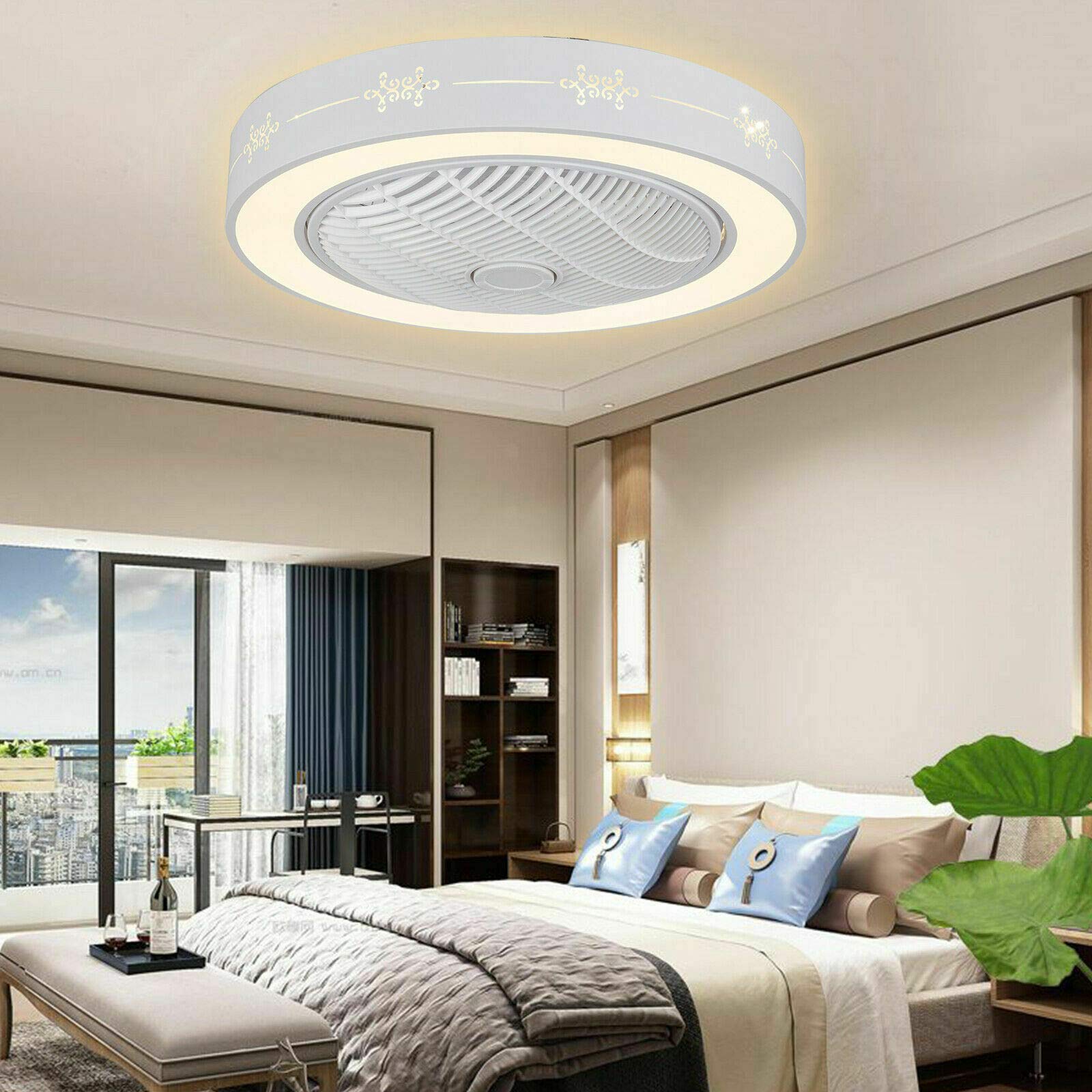 OUKANING 23 Inch Modern Circular Flush Mount Ceiling Fan with LED Light, Remote Control & Dimmable 3 Blades - Perfect for Living Room, Dining Room, Bedroom & Office Spaces
