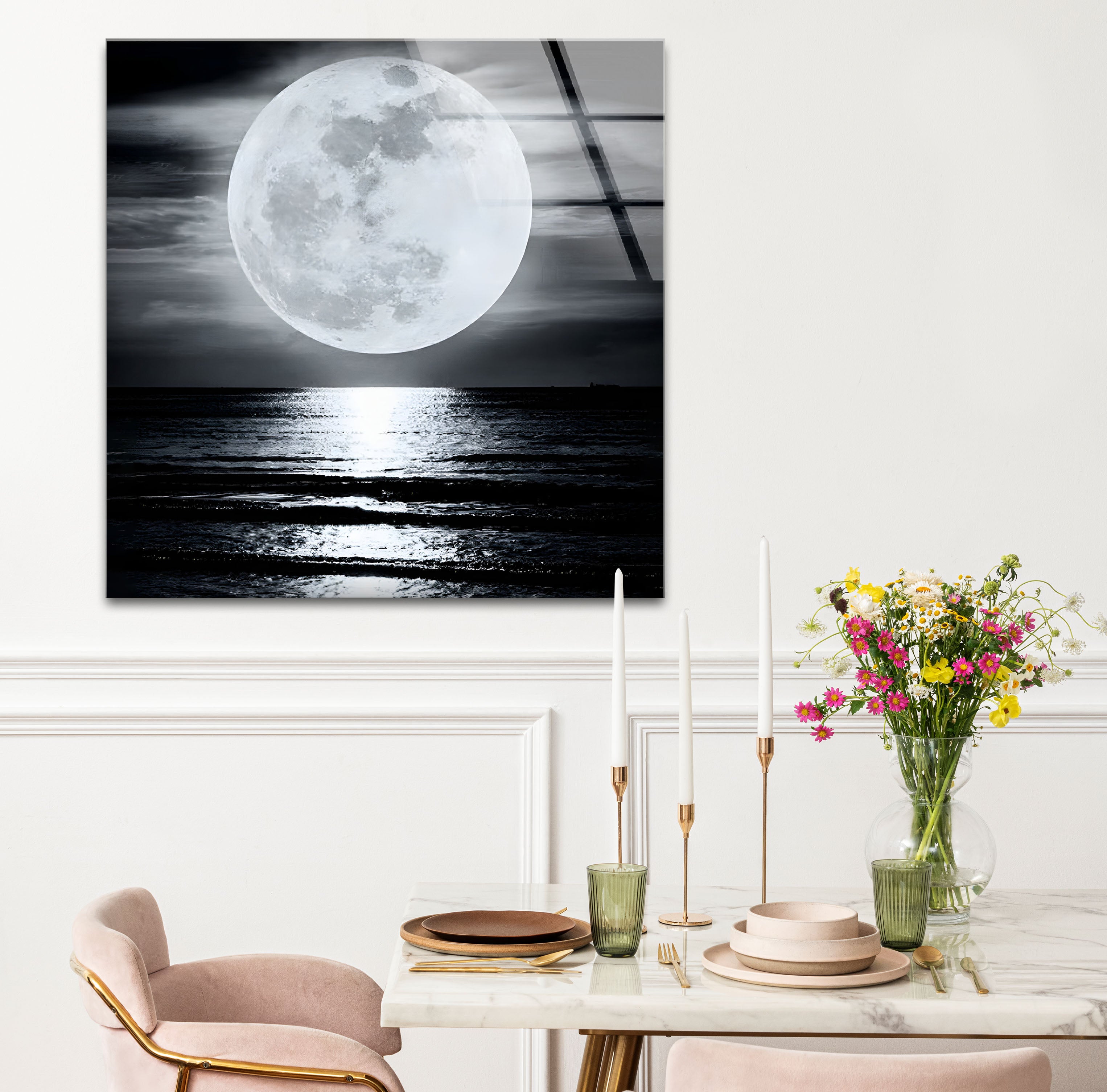 Black and White Moon Landscape Glass Wall Art - Modern Home Decor for Living Room, Bedroom & Office - Perfect Gift for Housewarming, Wedding & Birthday