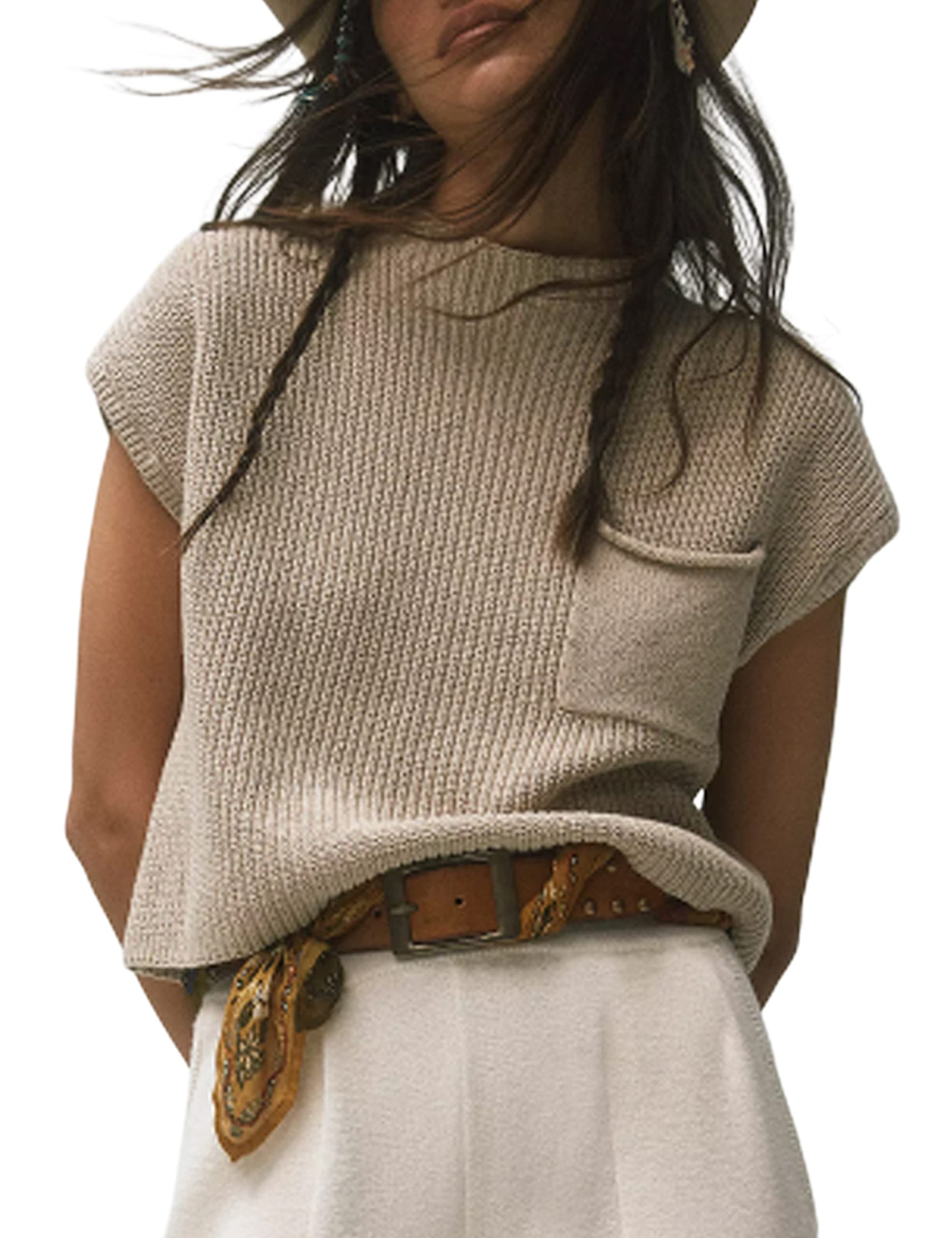 UANEO Women's Mock Neck Cropped Knit Pullover Sweater Vest - Cap Sleeve Casual Spring Top for Women | Perfect for Office Wear, Date Nights & Spring Layering