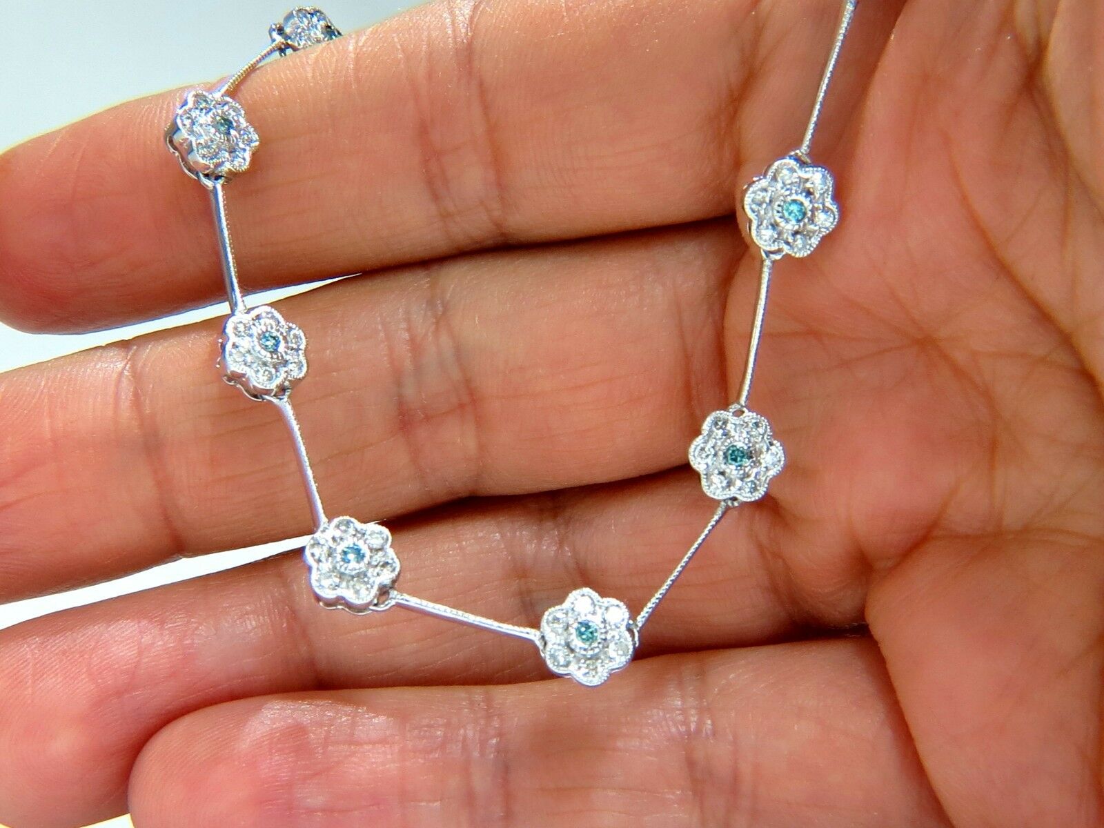 1.00CT Round Brilliant Blue Diamond Flower Cluster Eternity Necklace in 14K Gold - Perfect for Anniversaries, Weddings & Special Occasions