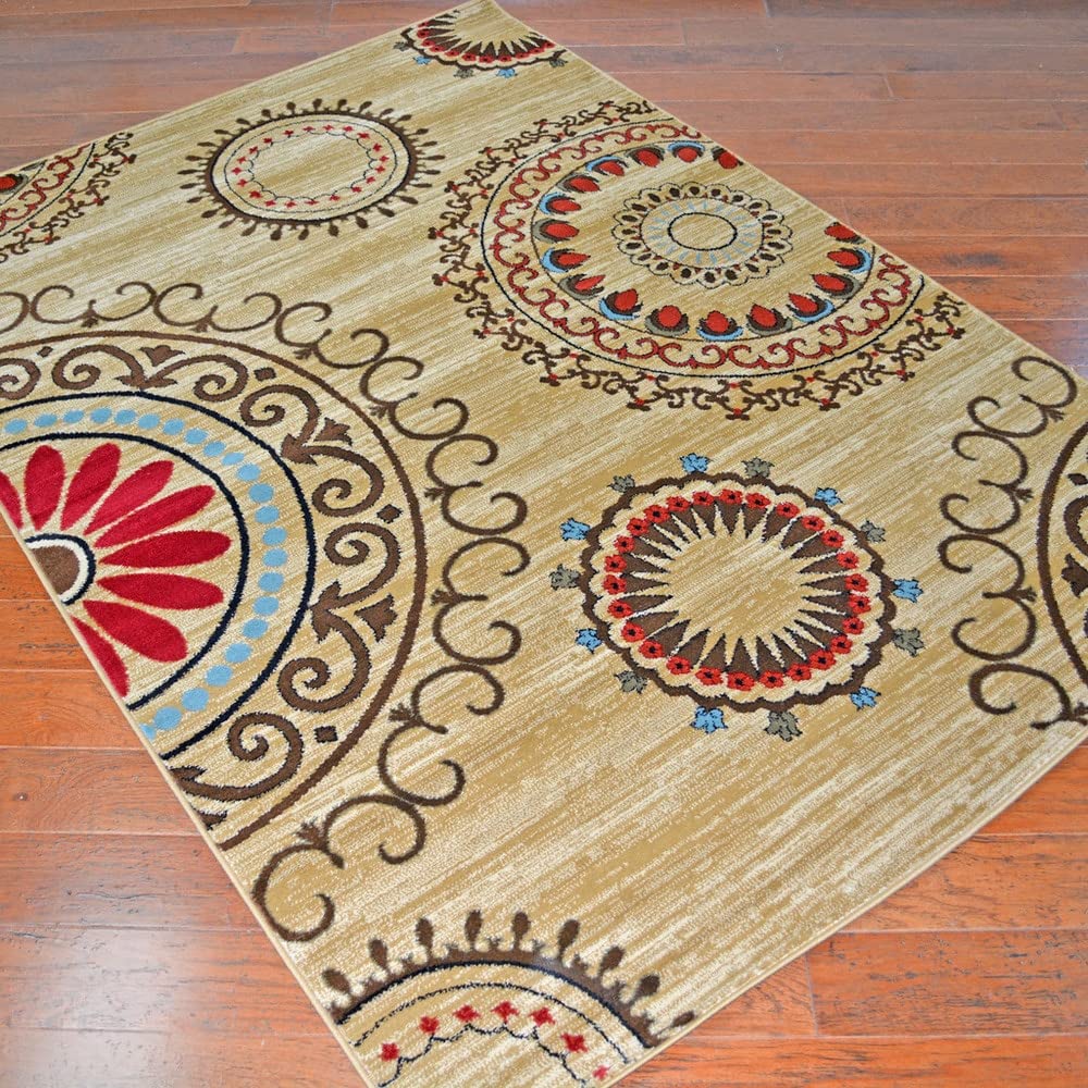 Wholesale Transitional Pinwheel Brown Beige Red Blue Area Rug 5'3