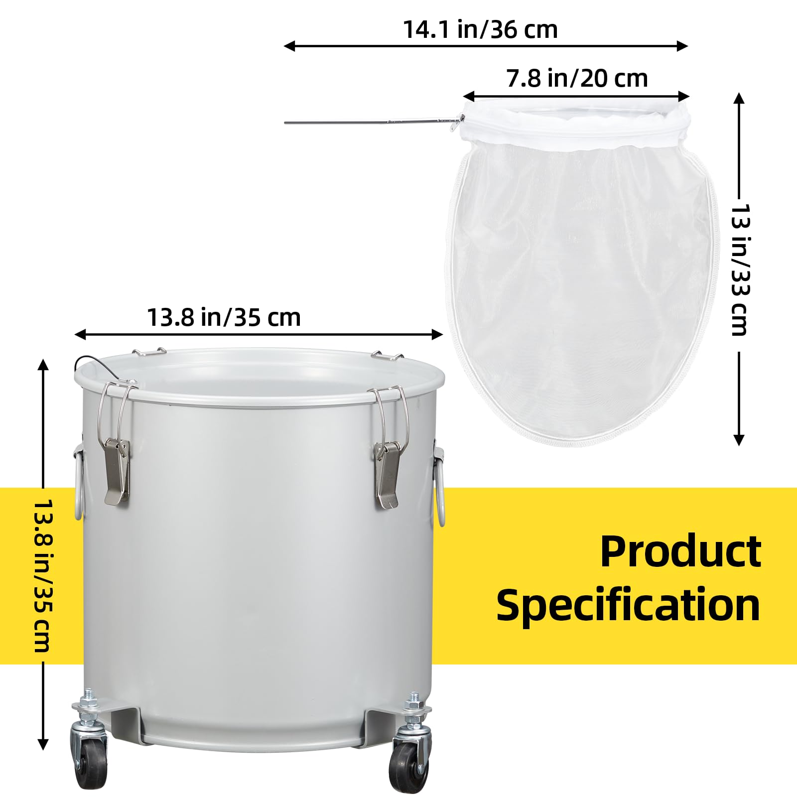 8 Gallon Fryer Grease Bucket - Coated Carbon Steel Oil Filter Pot with Caster Wheels, Lid Lock Clip & Nylon Filter Bag - Safe Oil Disposal & Transport Container for Restaurants, Food Trucks & Commercial Kitchens