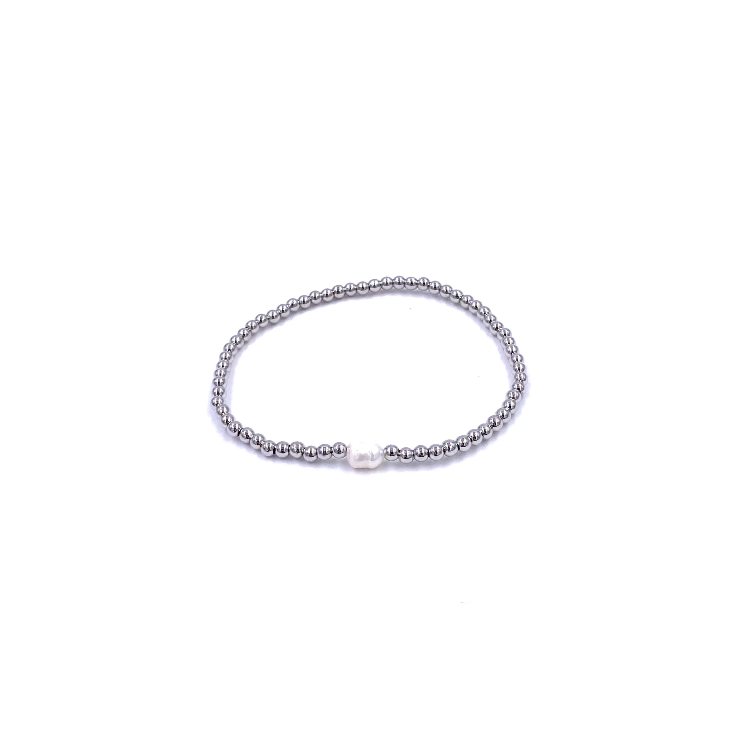 Ashley Gold Stainless Steel Single Pearl Beaded Ball Stretch Bracelet for Women - Elegant Adjustable Pearl Jewelry for Parties, Weddings & Everyday Wear