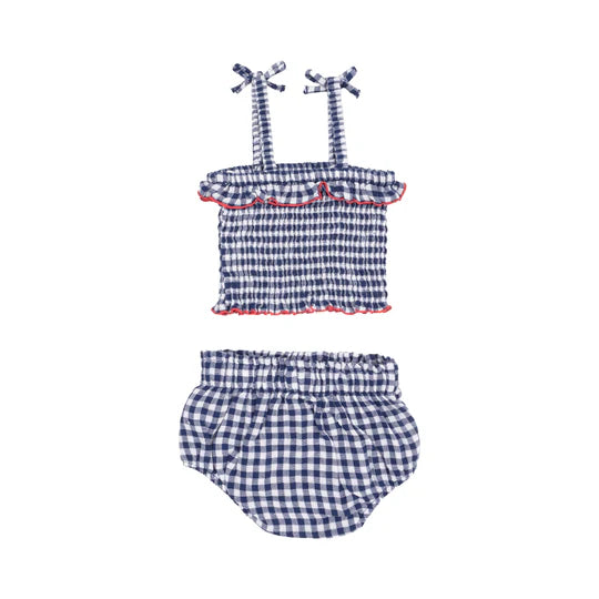 Muslin Smocked Ruffle Top and Bloomer Set - Navy Gingham Baby Outfit for Photoshoot, Birthday Party & Special Occasions