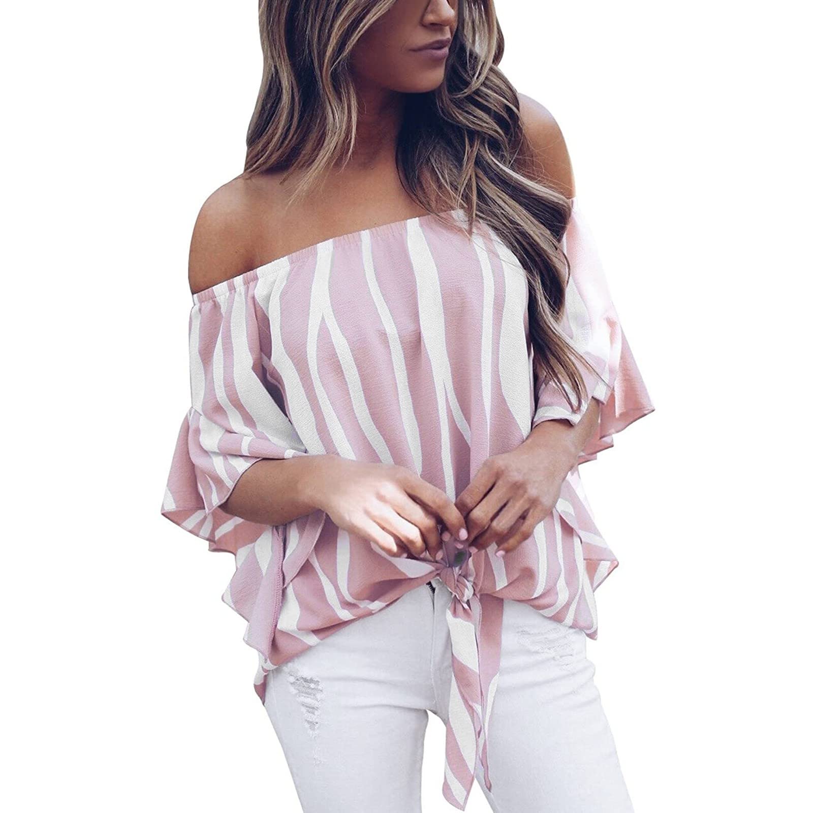 Women's Summer Flare Sleeve Off Shoulder Chiffon Blouse - Striped Printed Casual Long Sleeve Cotton T-Shirt in White | Perfect for Beach Vacations, Date Nights & Summer Outings