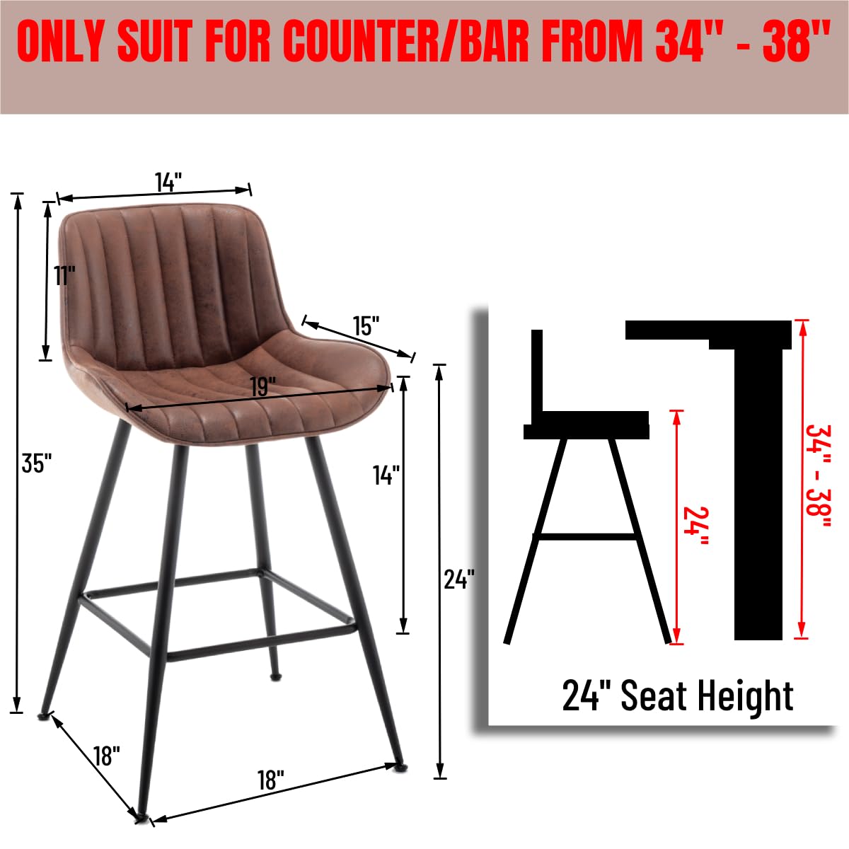 Brown Bar Stools Set of 2 - 24 Inch Fabric Upholstered Armless Bar Height Stools for Home Bar, Kitchen Island & Coffee Shop - Black & Brown Modern Barstools for Dining & Entertainment Areas
