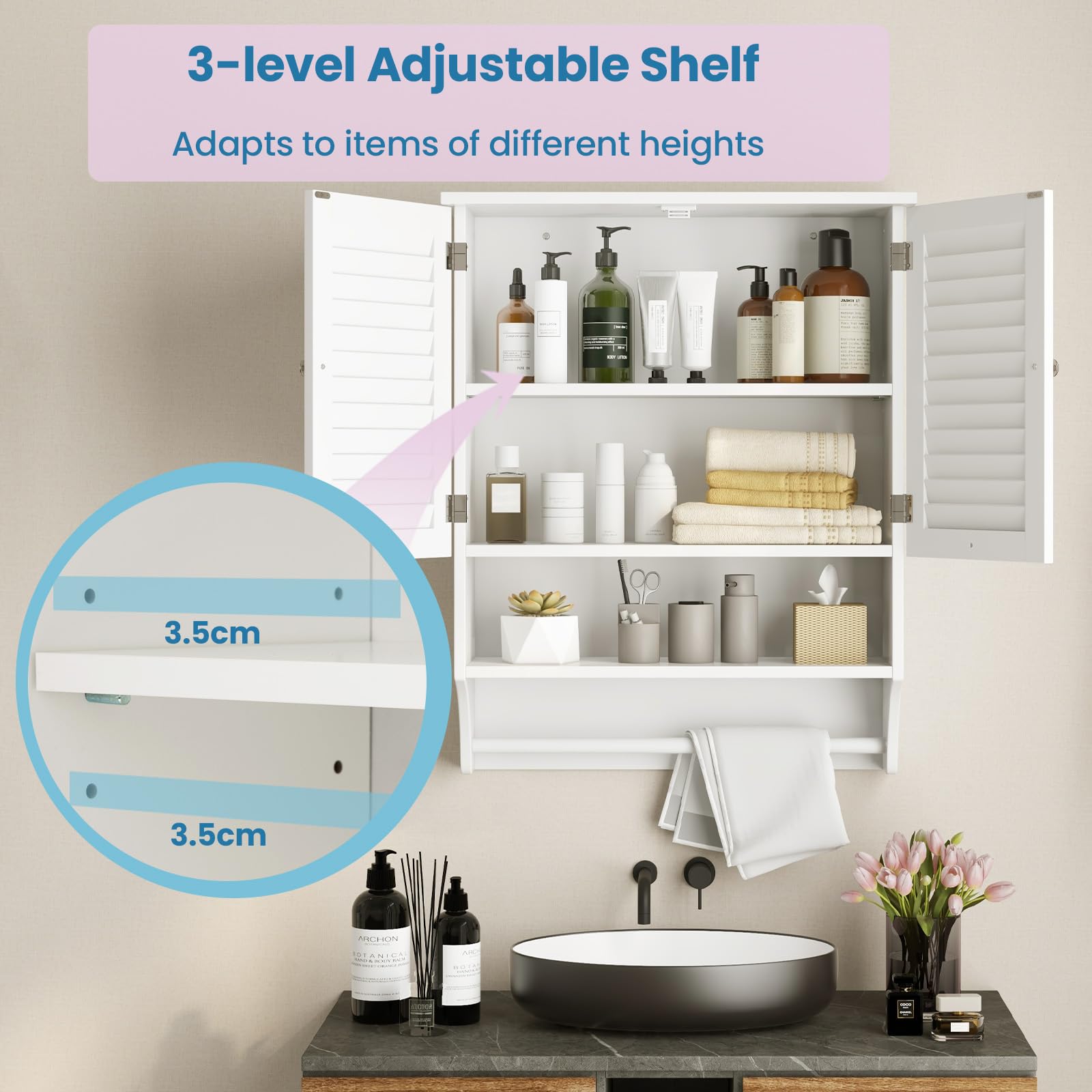 LIFEZEAL Wooden Wall Mounted Bathroom Storage Cabinet with 2 Doors & 3 Shelves - Adjustable Space-Saving Design with Towel Rack, Holds Up to 30kg (60x22x75cm, White) - Perfect for Small Bathrooms, Apartments & Vanity Organization